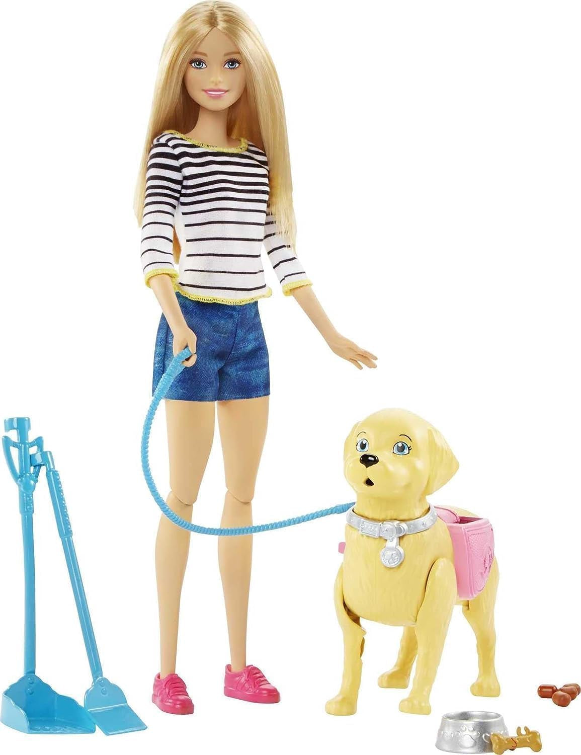 Lalka Barbie spacerująca z nocnikiem, lalka blondynka z spacerującym psem, łyżka do odchodów, akcesoria, w tym lalka pies, prezent dla dzieci, zabawka od 3 lat i więcej, DWJ68