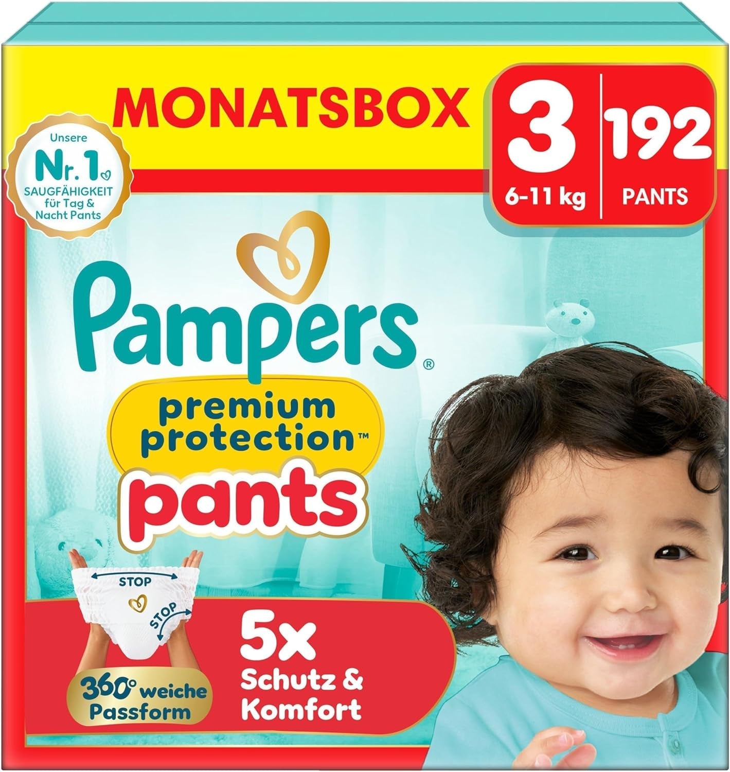 Spodnie Pampers Premium Protection rozmiar 5, 144 pieluszki, 11 kg - 17 kg, z regulacją 360° i miękkimi mankietami zapobiegającymi wyciekaniu dla optymalnego komfortu i ochrony