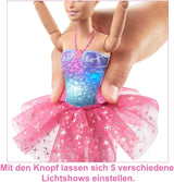 Barbie Dreamtopia Magiczna balerina ze światełkami, różową spódniczką tutu i blond włosami, 5 efektów świetlnych i dźwiękowych, Barbie z możliwością pozycjonowania, wiek 3+, HLC25