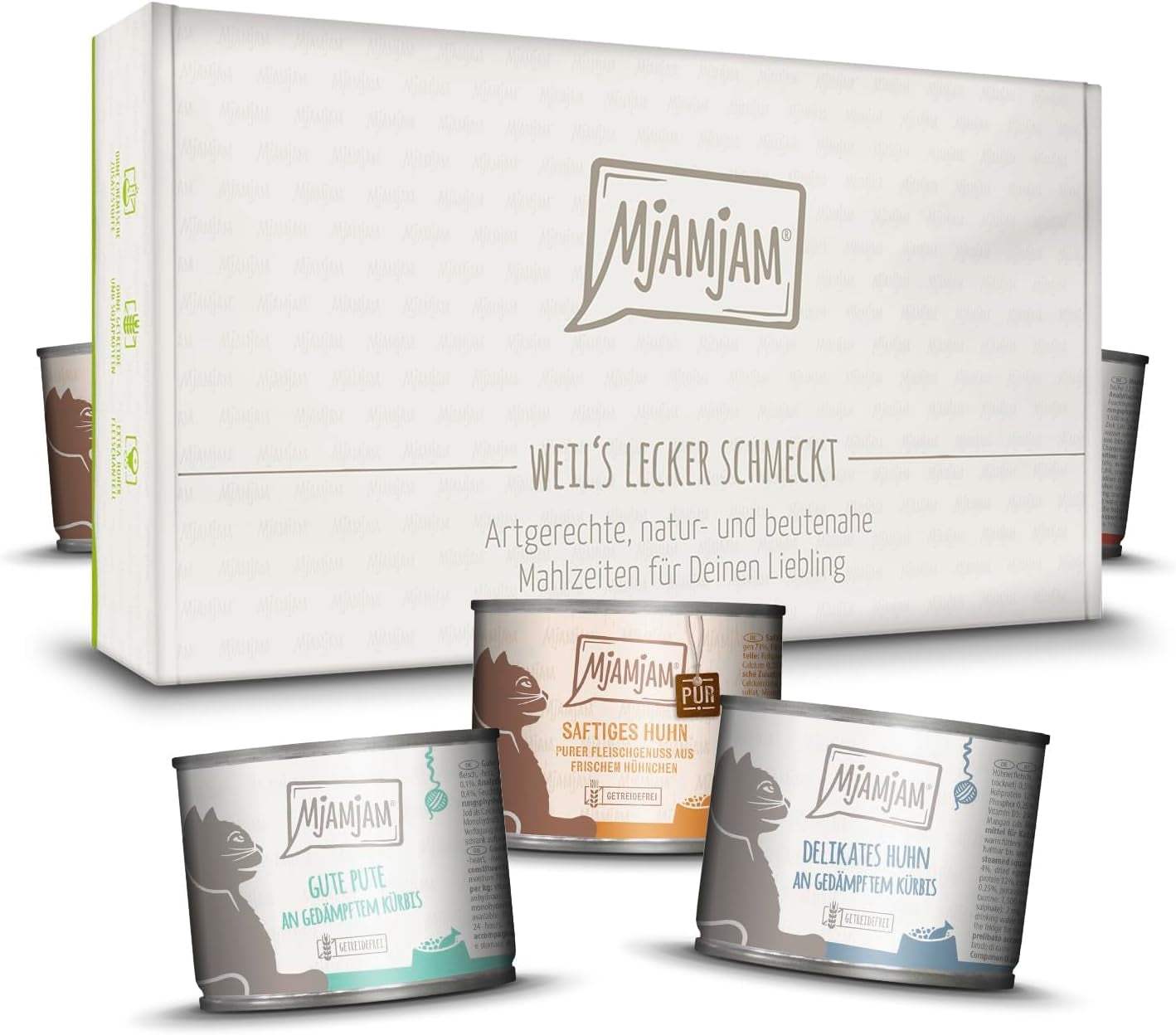 MjAMjAM - Mokra karma premium dla kotów - Pyszne pudełko, 12 szt. (12 x 200 g), bez zbóż, z dodatkowym mięsem