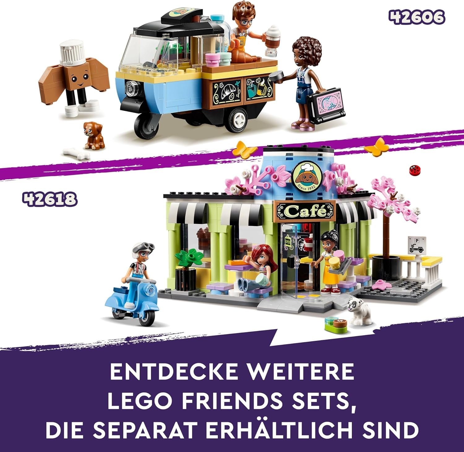 LEGO Friends Kawiarnia w Heartlake, zabawka dla dzieci, zabawkowa piekarnia, pomysł na prezent dla dziewcząt i chłopców w wieku od 6 lat, zestaw 3 figurek do zabawy i figurka psa 42618 Zestawy do budowania Besuche w sklepie LEGO