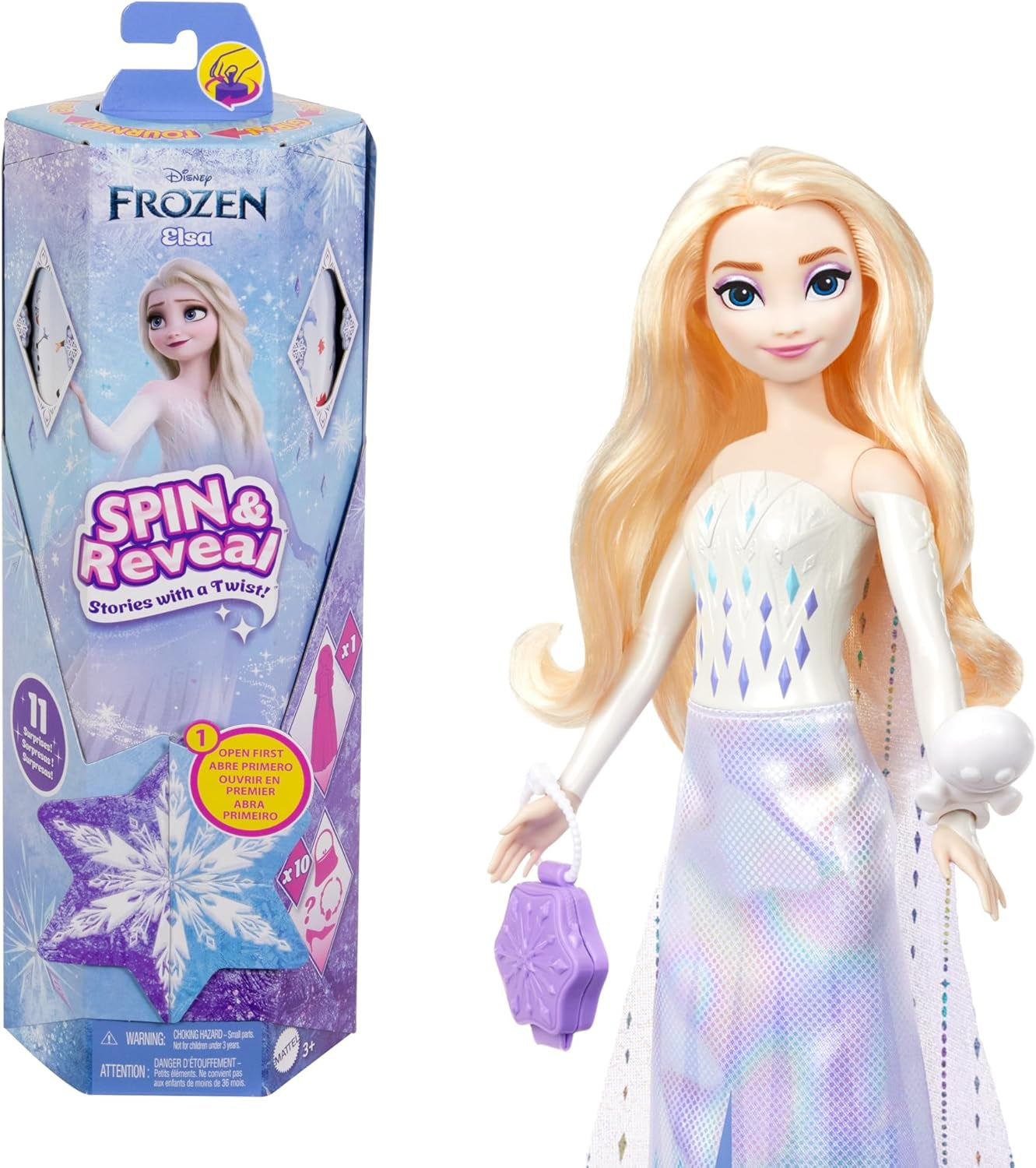 Mattel Disney Zestaw lalek Elsa Fashion Queen Ice, Spin & Reveal z 11 niespodziankami, w tym 5 akcesoriów, 5 naklejek i sceną do zabawy, inspirowaną filmem Disneya, HTG25 Naty Shop Dolls Lalka Elsa