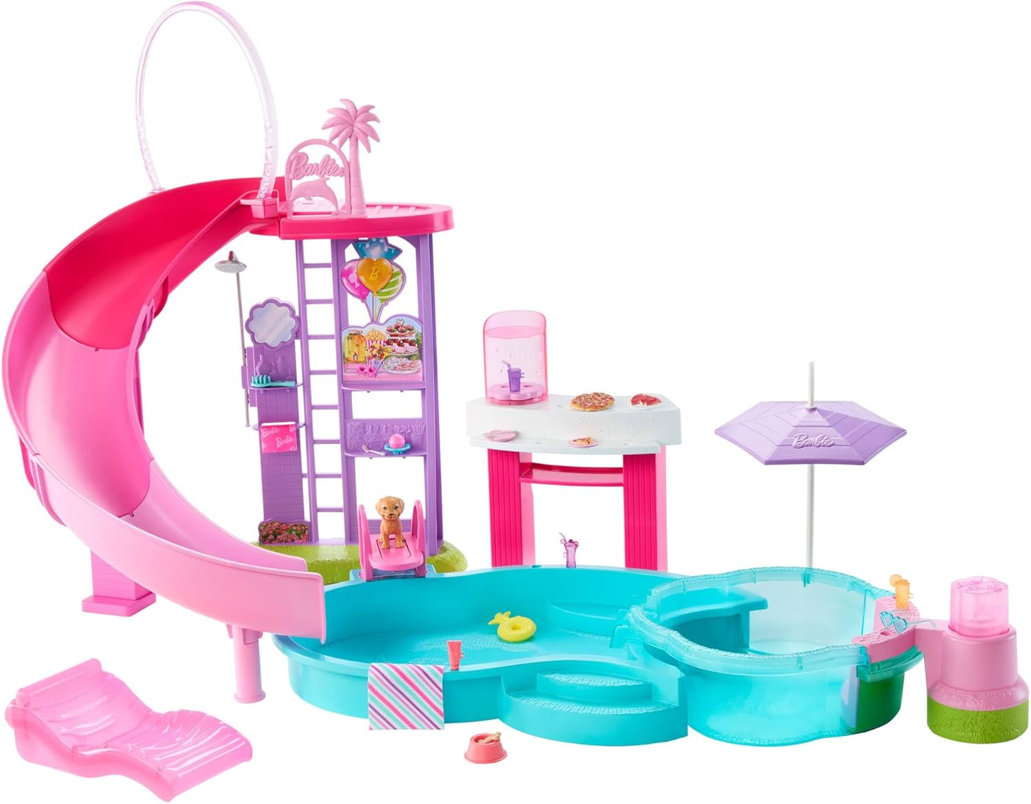 Zestaw Barbie Dream Pool z sześcioma obszarami do zabawy, w tym zjeżdżalnią i jacuzzi, a także ponad 20 akcesoriami, takimi jak zwierzak, kółka do pływania i inne, JKG83