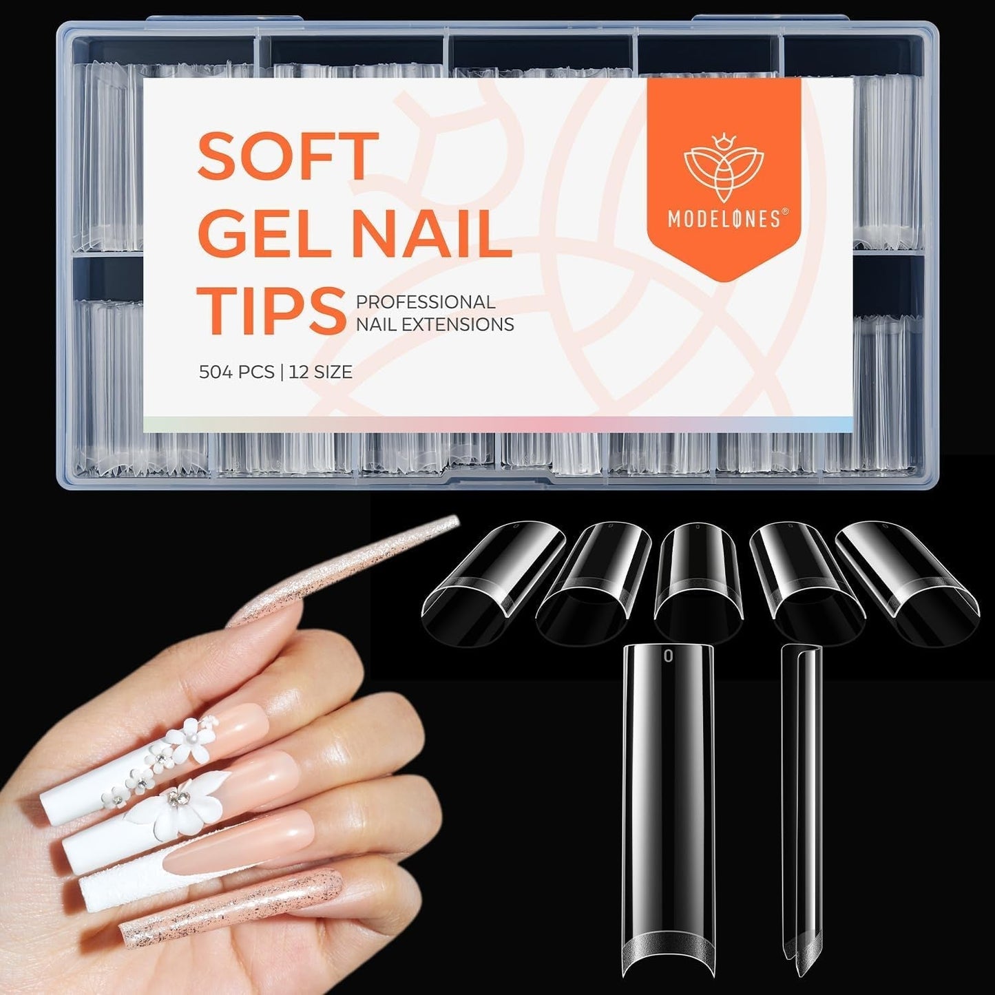 Modelones Tipsy 216 sztuk - Zestaw Full Cover Tips, Zestaw miękkich Tipsów żelowych, Wstępne polerowanie Tipsów z żywicy PMMA, DIY Klej na sztucznych paznokciach, Krótkie Migdały XS