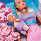 Simba 105730211 - Steffi Love Niania z dwójką dzieci, nosidełkiem i fotelikiem samochodowym, akcesoriami, lalką do przebierania, 29 cm, dla dzieci od 3 lat