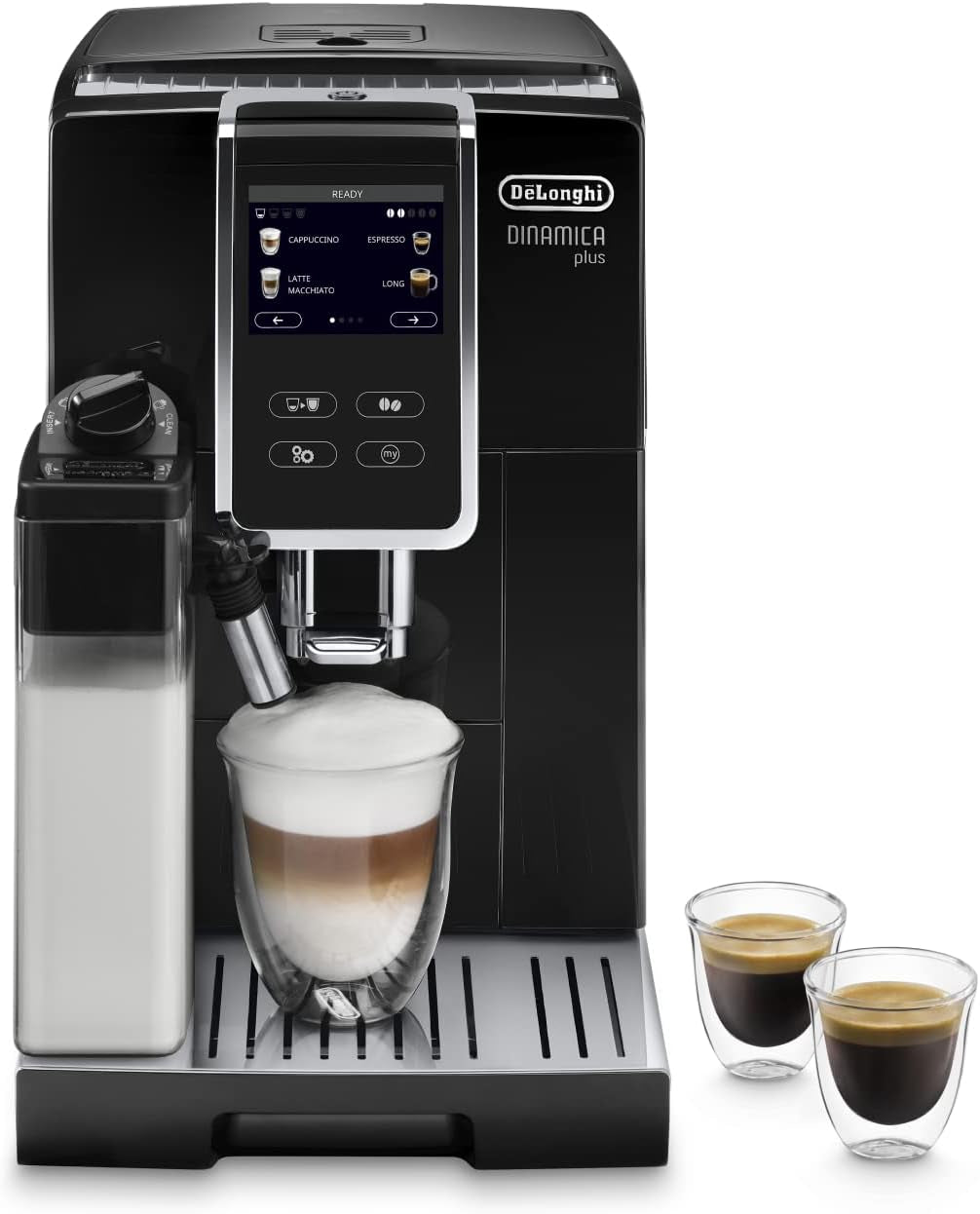 De'Longhi Dinamica Plus ECAM 370.70.B W pełni automatyczny ekspres do kawy z systemem LatteCrema Milk, Cappuccino i espresso, kolorowy ekran dotykowy TFT 3,5 cala i sterowanie za pomocą aplikacji, funkcja kawy, czarny