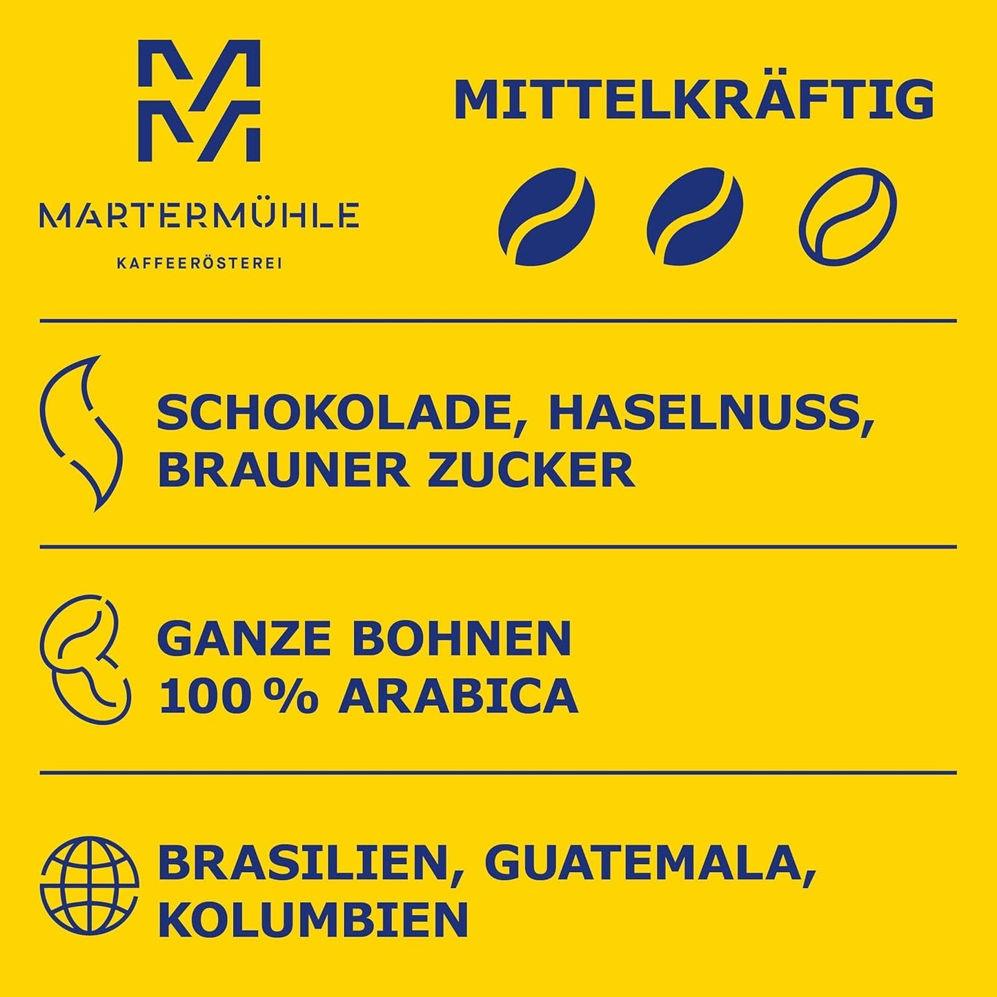 Martermühle Café Crème Kaffeebohnen 500g mittelkräftig I Arabica I Smaki: Brauner Zucker, Haselnuss, Schokolade I Ganze Kaffeebohnen schonend geröstet, säurearm