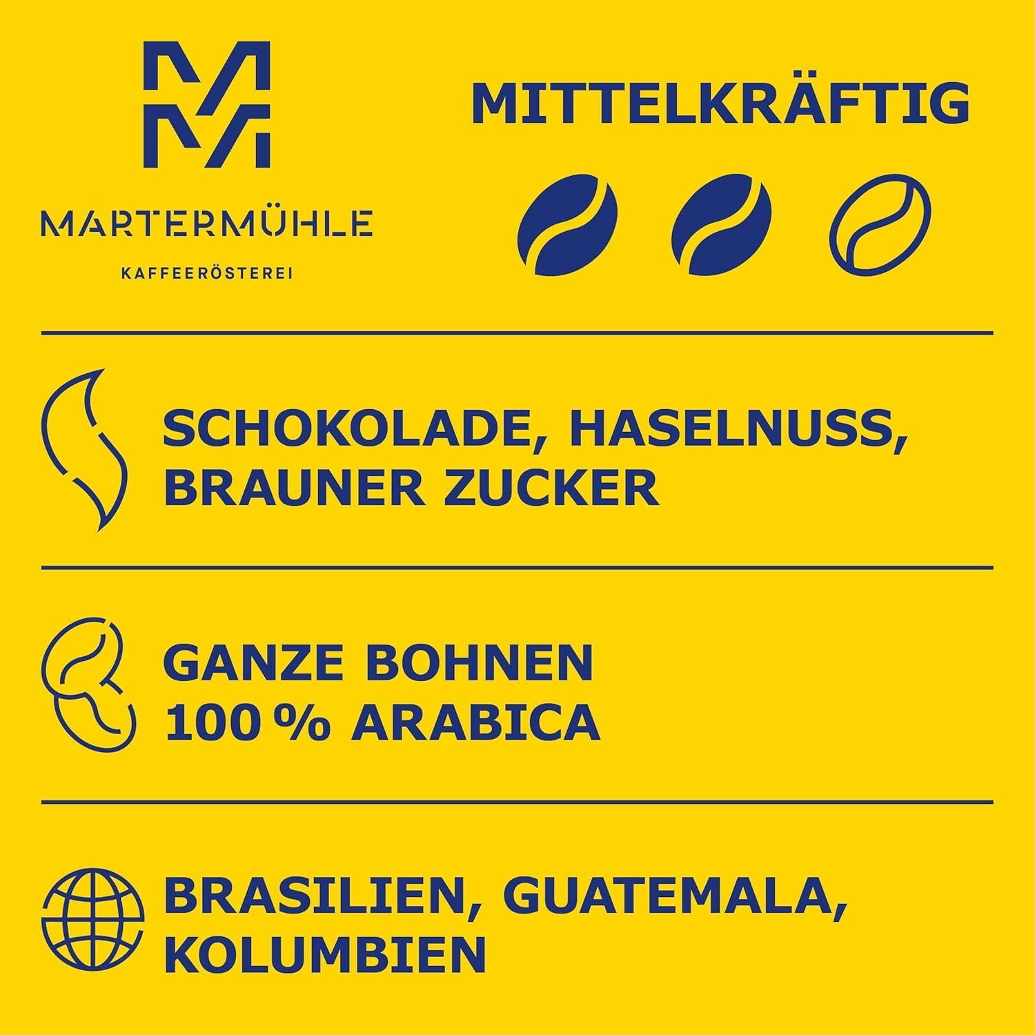 Martermühle Café Crème Kaffeebohnen 500g mittelkräftig I Arabica I Smaki: Brauner Zucker, Haselnuss, Schokolade I Ganze Kaffeebohnen schonend geröstet, säurearm
