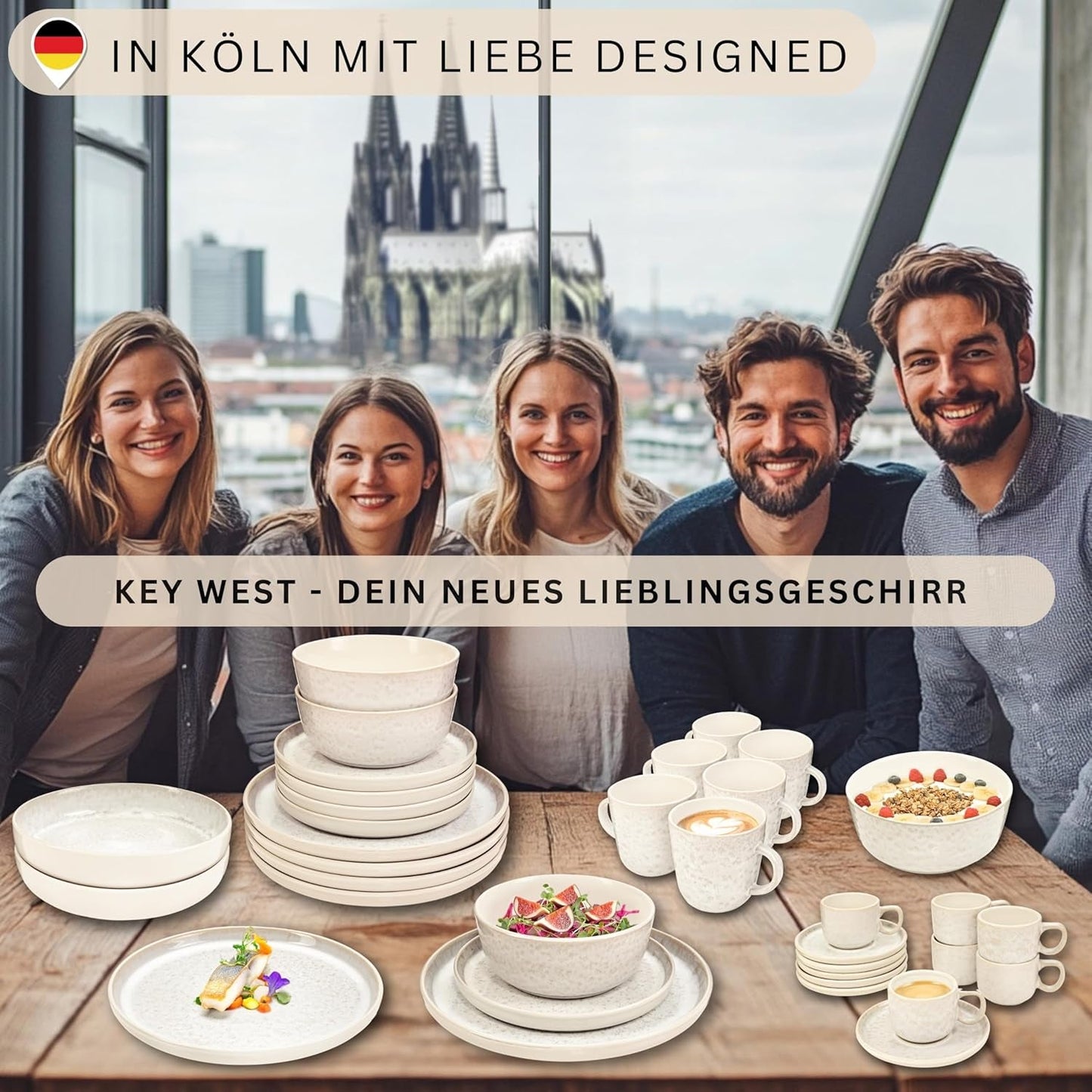 SĘNGER Key West | Kamionkowy zestaw obiadowy 24-częściowy zestaw talerzy obiadowych na 6 6 talerzy obiadowych Miski na płatki zbożowe Talerze deserowe Miski na makaron Zastawa kremowa o piaskowej fakturze | KOLEKCJA WARTOŚCIOWA