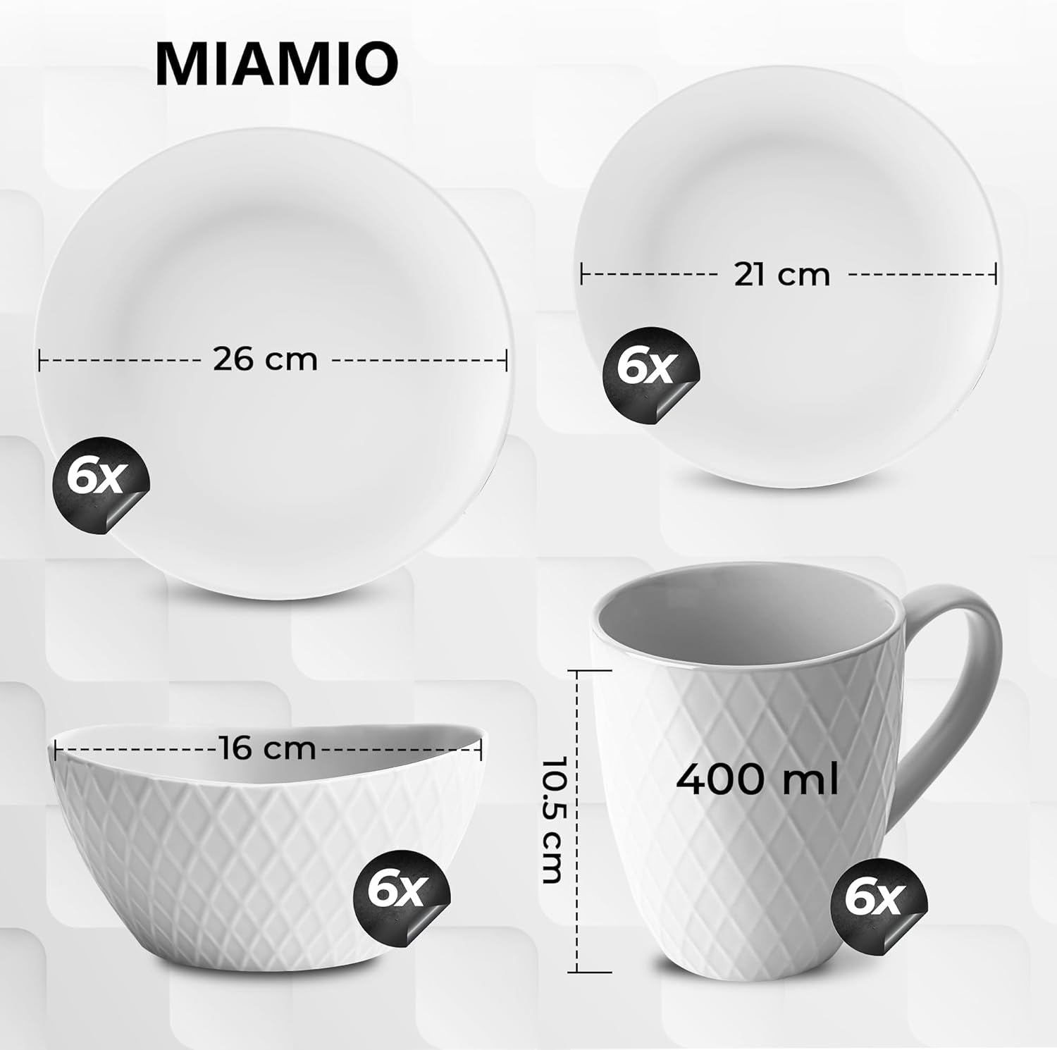 MIAMIO - Zestaw naczyń ceramicznych, 24 sztuki, łączony serwis dla 6 osób - Można myć w zmywarce i używać w kuchence mikrofalowej - Kolekcja Palmanova (biały)