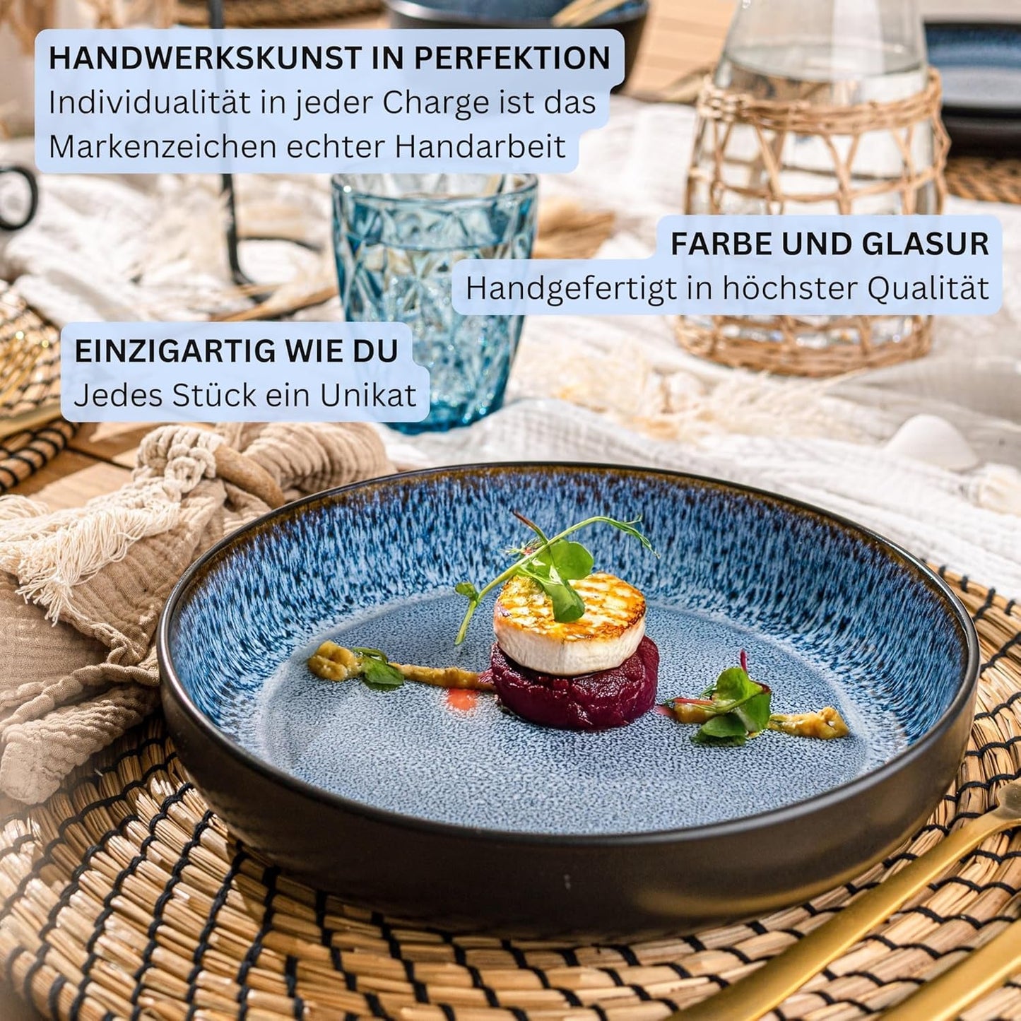 SĘNGER Aruba | Zestaw naczyń obiadowych kamionkowych na 6, 6 talerzy obiadowych, 6 talerzy śniadaniowych, 6 talerzy obiadowych, 6 misek na makaron, niebieski z czarnym brzegiem | KOLEKCJA WARTOŚCIOWA