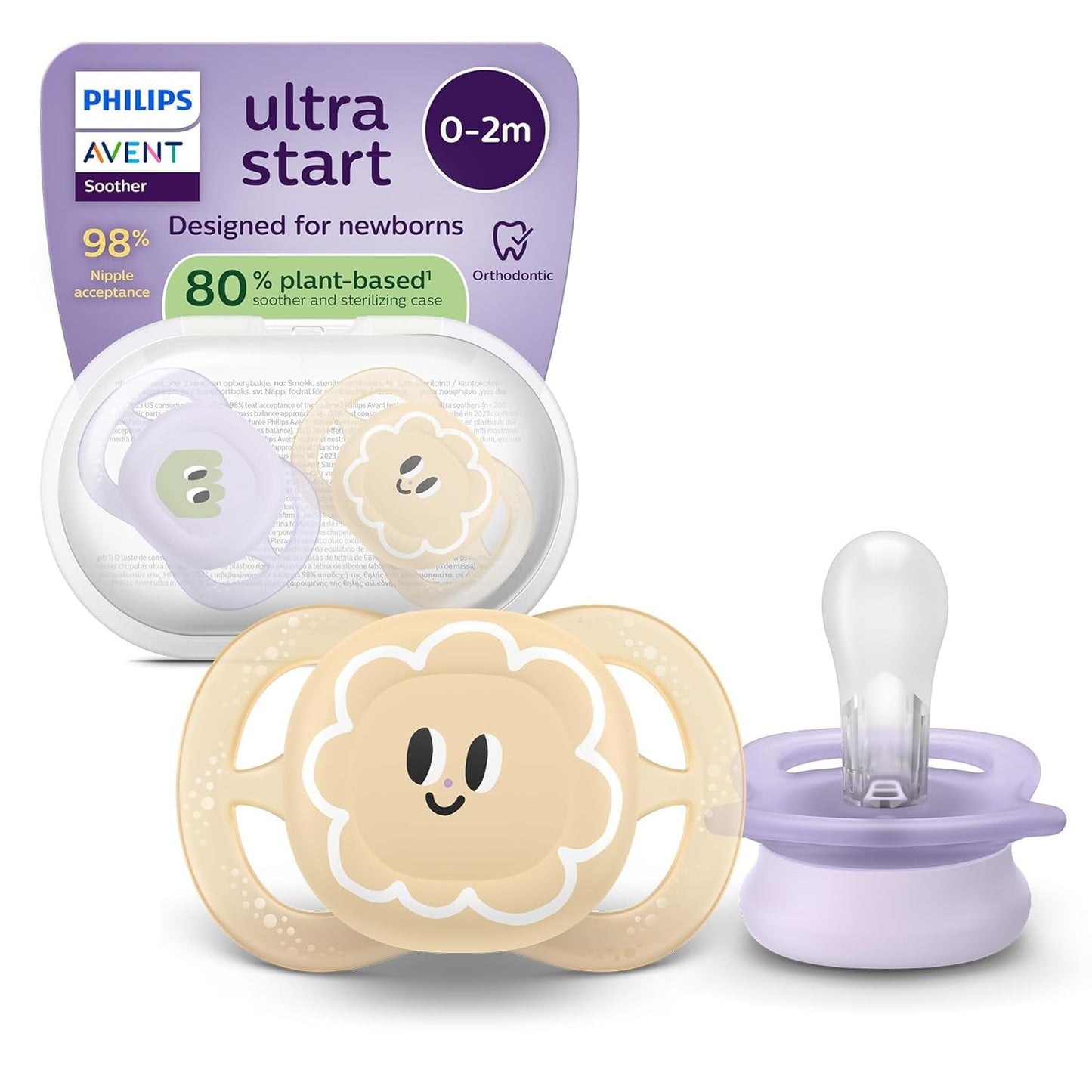 Philips AVENT Ultra Start smoczek na noc, smoczek ortodontyczny dla noworodków, świecący w ciemności, bez BPA, z pojemnikiem do sterylizacji, podwójne opakowanie, księżyc, gwiazda, SCF075/07