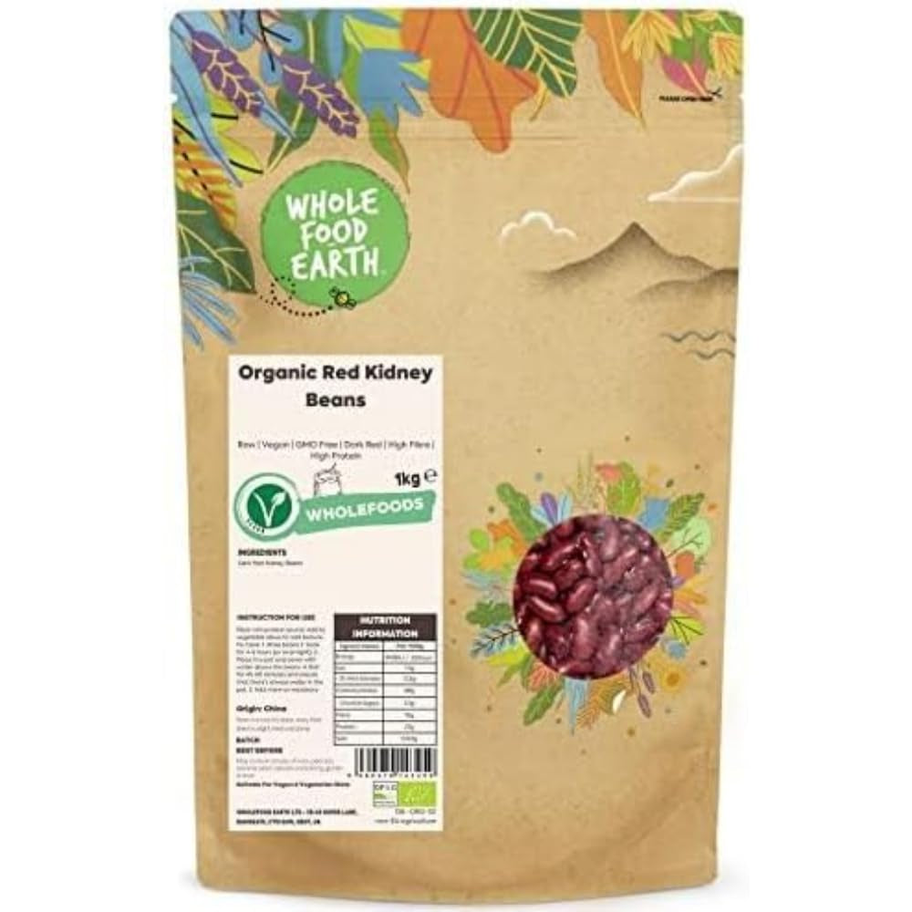 Fasola czerwona Pełnoziarnista Ziemia Organiczna 1kg Surowa | wegańskie | Bez GMO | Ciemnoczerwony | Bogaty w błonnik | Bogaty w białko | Certyfikowane organiczne