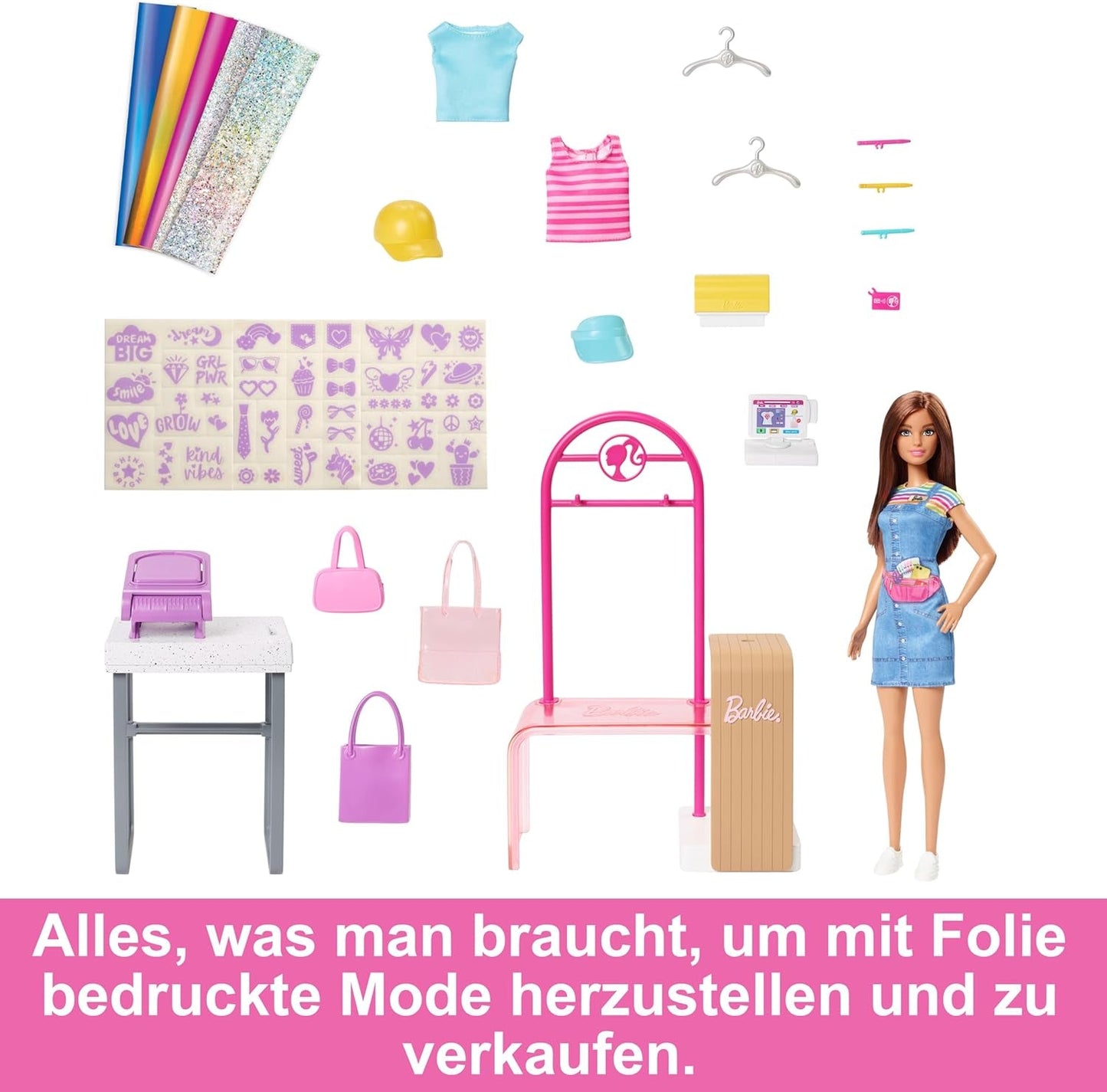 Zestaw Barbie Fashion Boutique - lalka ze wzorem w folię, ponad 150 oryginalnych kreacji, zawiera 2 bluzki i 5 arkuszy folii, stojak na ubrania i czytnik kart kredytowych, wiek powyżej 3 lat, HKT78