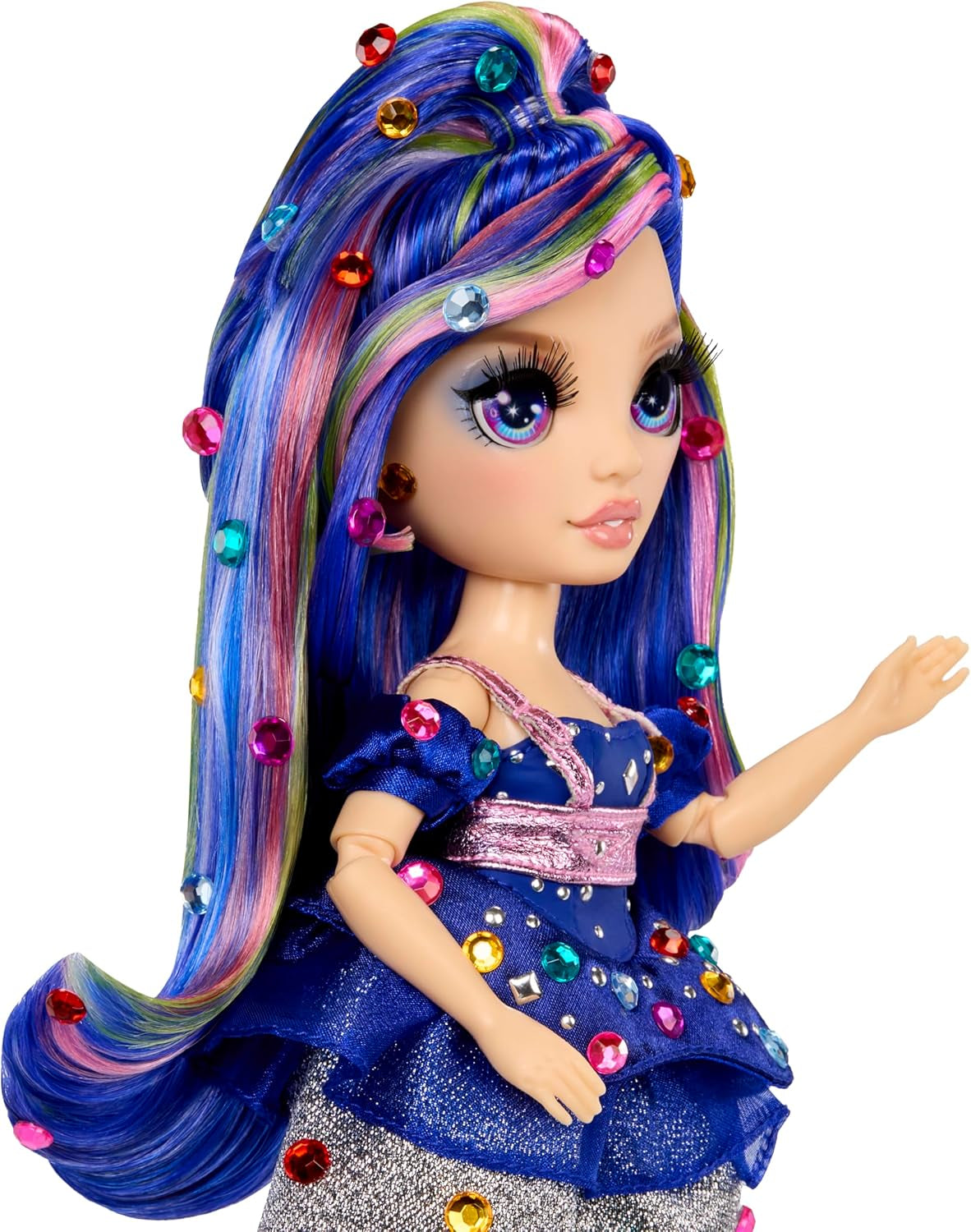 Rainbow High Be Dazzling - Genevieve Bleue - Niebieska lalka modowa 28 cm z narzędziem do ozdabiania, błyszczącymi kamieniami szlachetnymi i akcesoriami do stylizacji