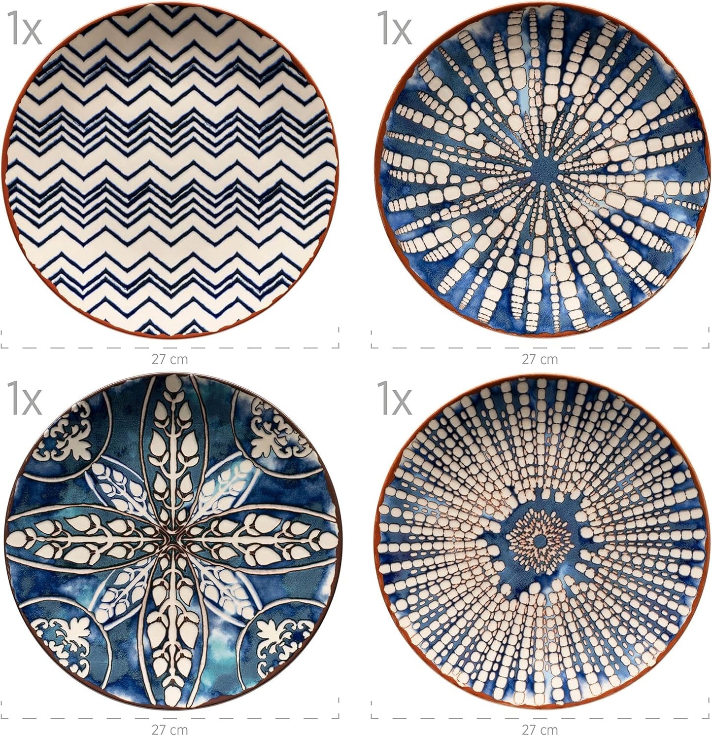 MĘSER 934017 Iberico Blue 4-osobowy zestaw obiadowy, 12-częściowy, w stylu mauretańskim, różne wzory vintage w kolorze białym i niebieskim, ceramika