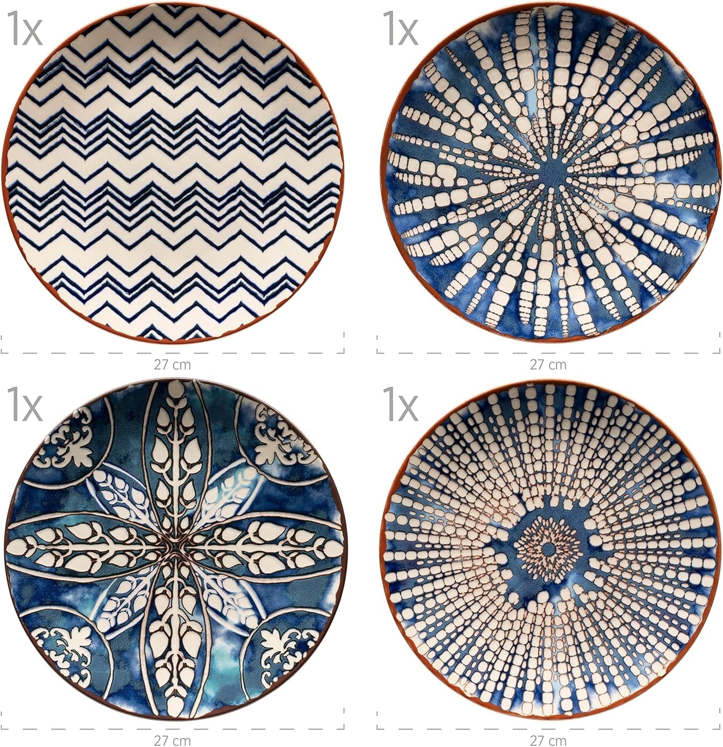 MĘSER 934017 Iberico Blue 4-osobowy zestaw obiadowy, 12-częściowy, w stylu mauretańskim, różne wzory vintage w kolorze białym i niebieskim, ceramika