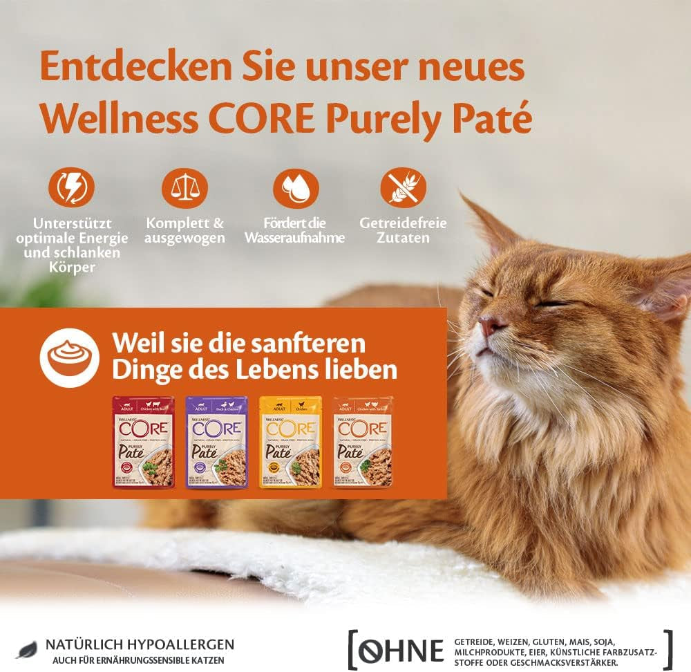 Wellness CORE Purely Paté 24 x 85g, Kurczak i Indyk - Mokra karma dla kotów, delikatny pasztet, bez zbóż, naturalny, hipoalergiczny, o wysokiej zawartości białka, o wysokiej zawartości mięsa