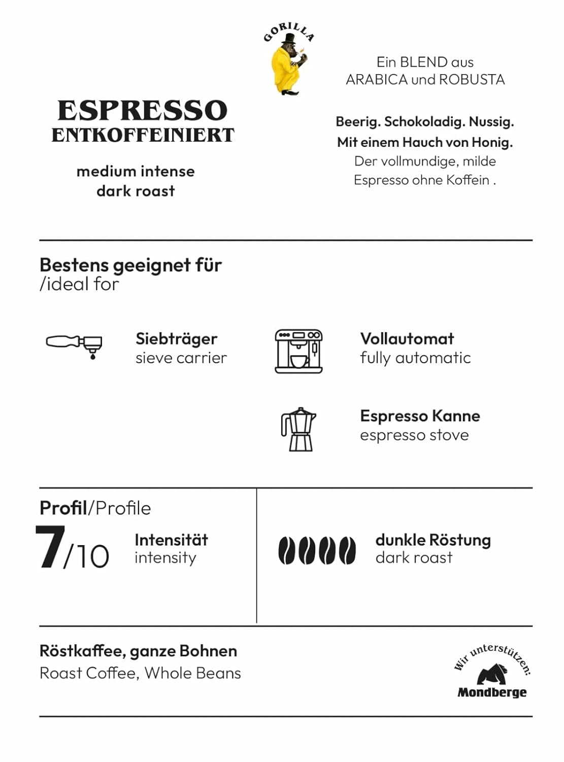 Espresso GORILLA 1000g bezkofeinowe, całe ziarna