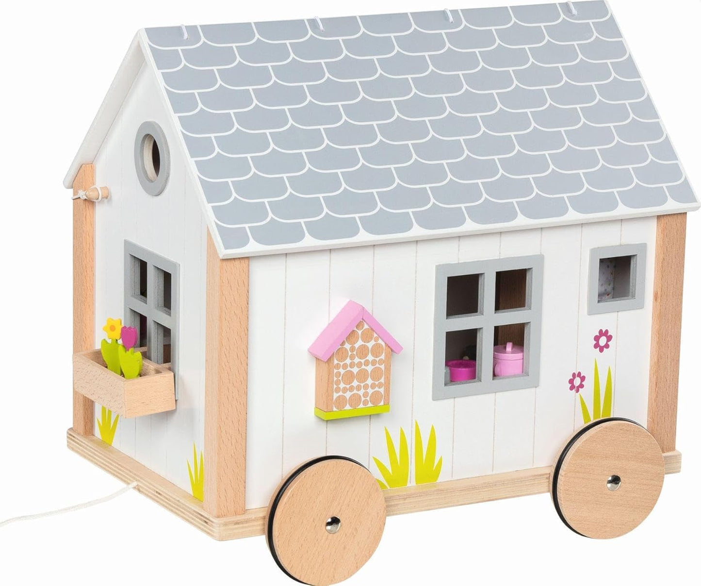Goki 51477 - Mały domek dla lalek Hygge z drewna i tekstyliów dla mini lalek, ruchomy domek dla lalek w stylu skandynawskim, 38 cm x 27 cm x 33 cm, zestaw 40 sztuk, domki dla lalek w wieku 3+ Naty Shop