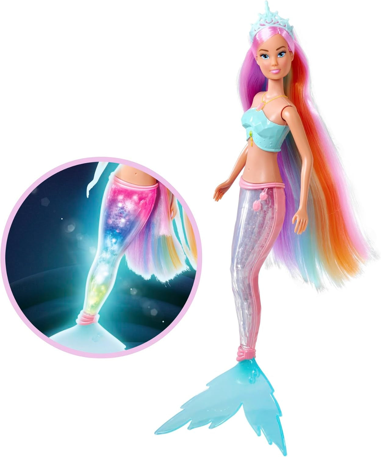 Steffi Love Magic Rainbow Mermaid, lalka syrenka z funkcją magicznego tęczowego światła i bardzo długimi włosami, 39 cm, wiek 3+