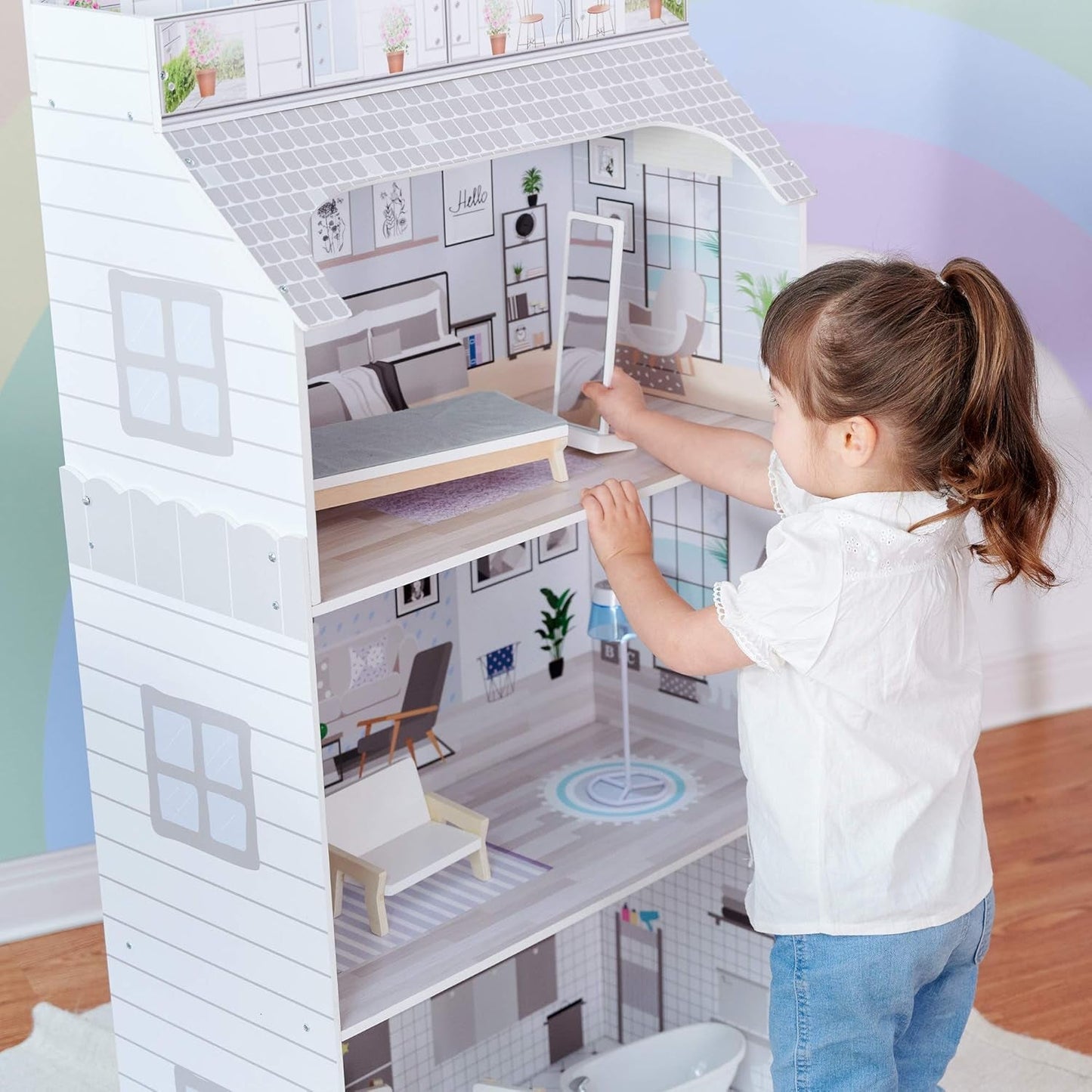 Teamson Kids Olivia's Little World Gigantyczny domek dla lalek z meblami i akcesoriami, drewniany domek dla lalek, 3-poziomowy zestaw dla lalek 30 cm, wiek: 3+