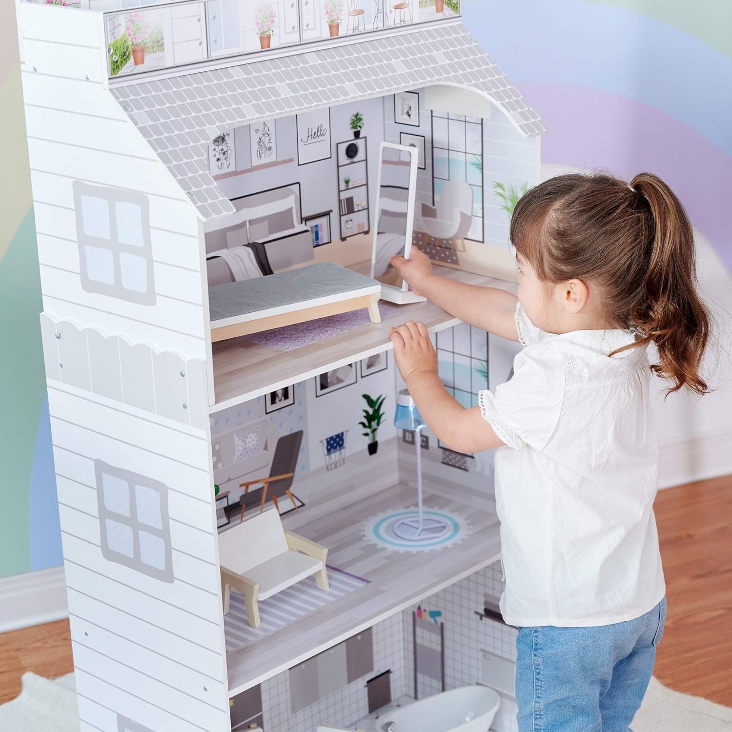 Teamson Kids Olivia's Little World Gigantyczny domek dla lalek z meblami i akcesoriami, drewniany domek dla lalek, 3-poziomowy zestaw dla lalek 30 cm, wiek: 3+