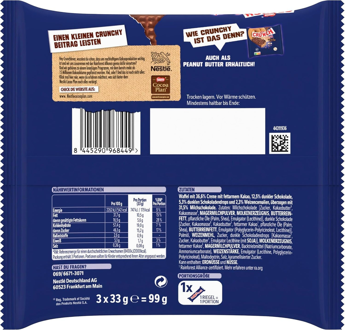Nestlé CRUNCH Baton Mleczny, Chrupiący Baton Czekoladowy z Mleczną Czekoladą i Płatkami Zbożowymi, 1 opakowanie (3 x 33g)