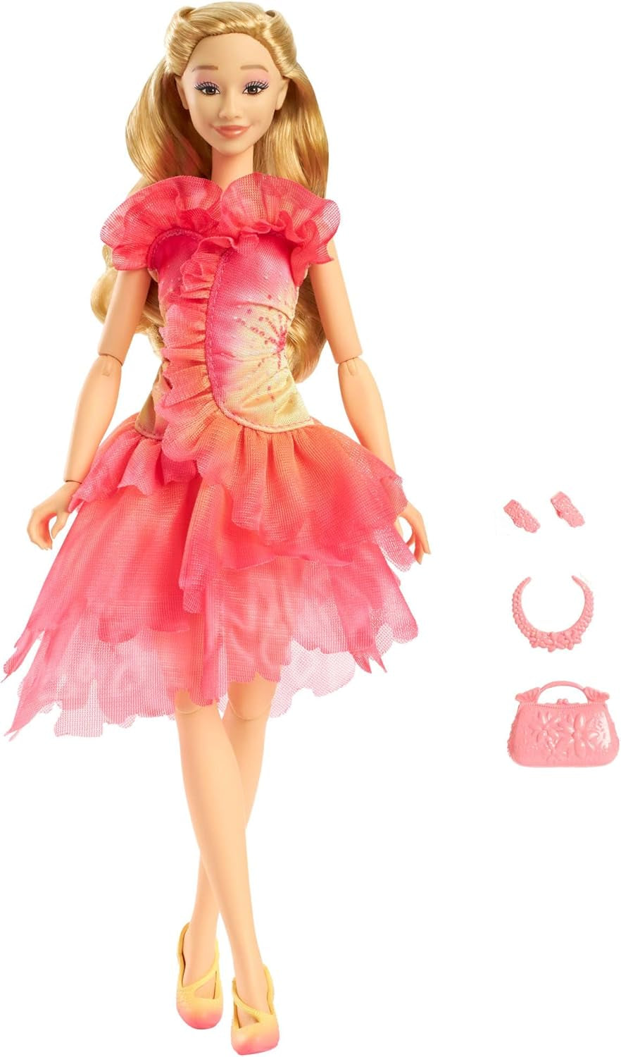 Mattel Wicked Glinda Fashion Doll i akcesoria z blond włosami, różnymi możliwymi pozami i odpinanym wyglądem sukni balowej, HXT63