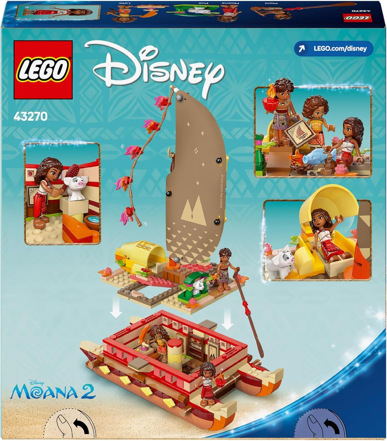 LEGO® Disney Moana 2: Tratwa przygodowa Vaiany — zabawkowa łódka z żaglami, zdejmowanym pokładem, ogniskiem i 3 minilaleczkami, w tym Loto i Moni — prezent dla dziewczynek od 6. roku życia i fanów — 43270 Zestawy do budowania Beuche den LEGO-Store