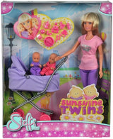 Simba Steffi Love Sunshine Twins – lalka z bliźniakami i wózkiem, w tym akcesoria takie jak butelki i zabawki, wariant pasujący do 2 lalek, zestaw lalek dla dzieci w wieku 3 lat i starszych