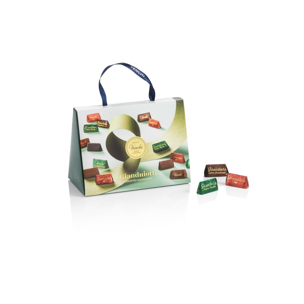 Zestaw upominkowy Venchi - Borsina Gianduiotti, z różnymi czekoladkami Gianduiotti, w tym „Orzechy laskowe Piemontu”, 150g, bezglutenowy, bez sztucznych barwników, bez konserwantów, pomysł na prezent