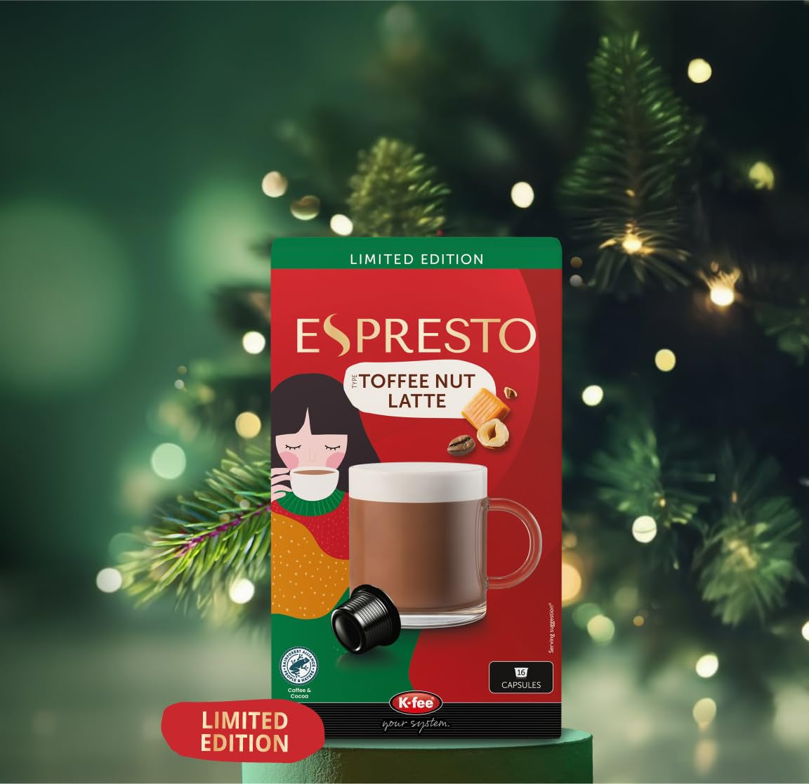 ESPRESTO Toffee Nut Latte, kompatybilne z K-fee i ALDI EXPRESSI*, aromatyzowana kawa mleczna, certyfikat RFA, 96 kapsułek