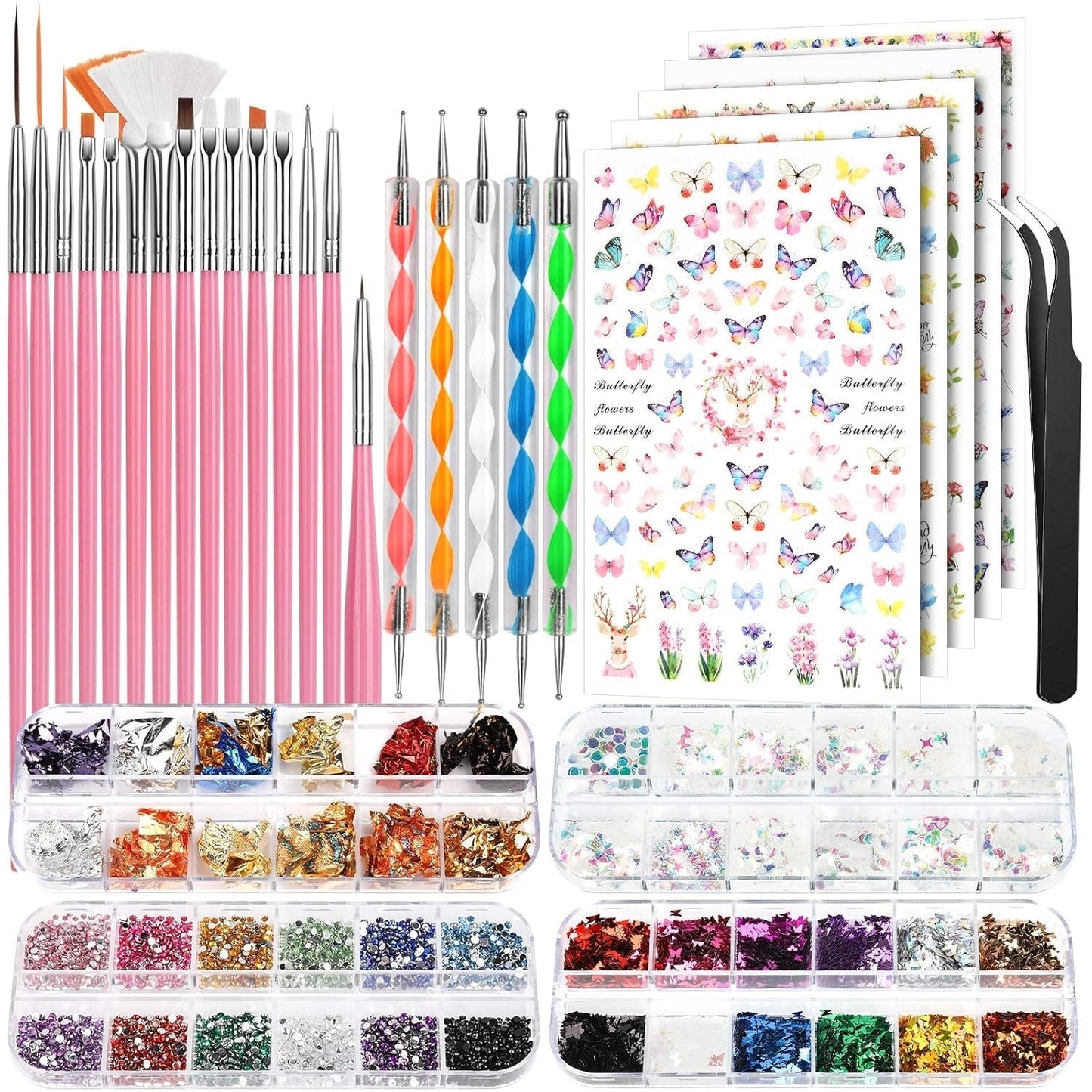 FANDAMEI Pinsel Für Gelnägel, 15 szt. Nagel Pinsel, 5 Blätter Nagelsticker, Strasssteine ​​​​Nägel, zestaw Nageldesign, Nageldesign Zubehör, zestaw pinsel do zdobienia paznokci, zestaw Nailart Pinsel i Dekorationen