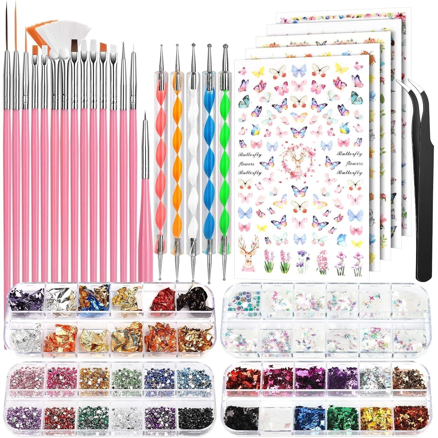 FANDAMEI Pinsel Für Gelnägel, 15 szt. Nagel Pinsel, 5 Blätter Nagelsticker, Strasssteine ​​​​Nägel, zestaw Nageldesign, Nageldesign Zubehör, zestaw pinsel do zdobienia paznokci, zestaw Nailart Pinsel i Dekorationen