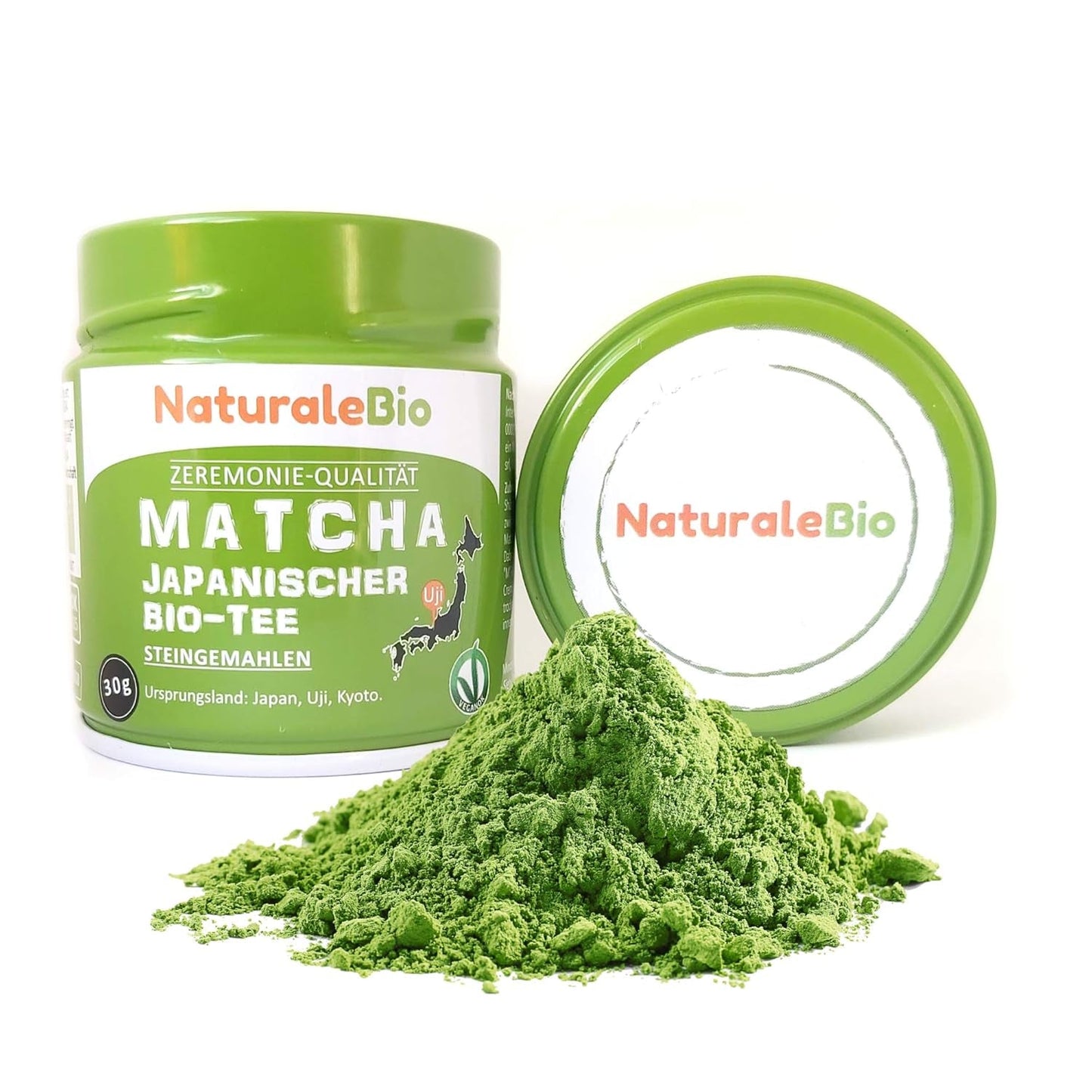 Naturalebio Ceremonial Grade Matcha Tea Powder Oryginalna zielona herbata z Japonii. Ceremonialna zielona herbata w proszku Matcha wyprodukowana w Uji w Kioto. Idealny do picia, gotowania i latte. Pudełko 30 g.