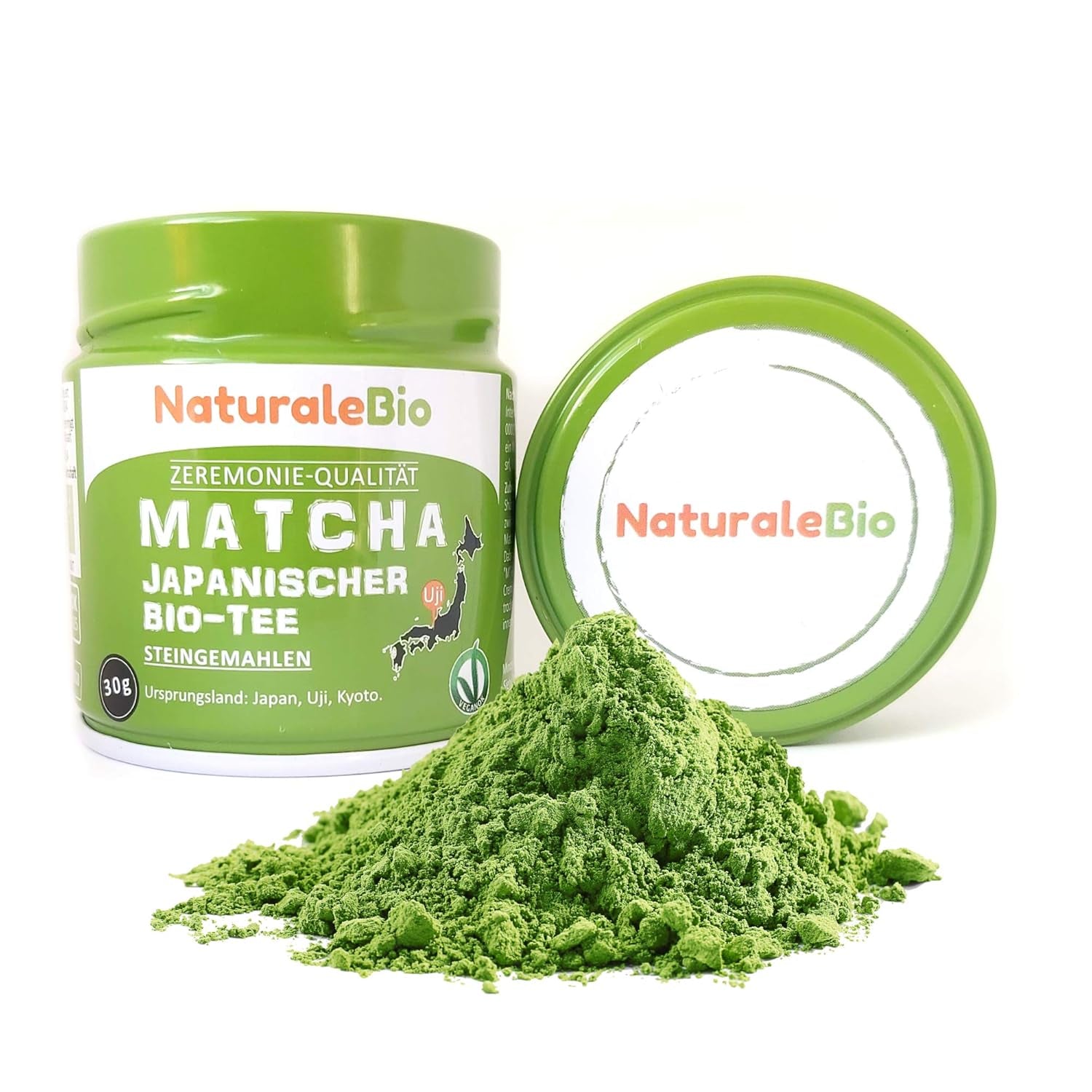 Naturalebio Ceremonial Grade Matcha Tea Powder Oryginalna zielona herbata z Japonii. Ceremonialna zielona herbata w proszku Matcha wyprodukowana w Uji w Kioto. Idealny do picia, gotowania i latte. Pudełko 30 g.
