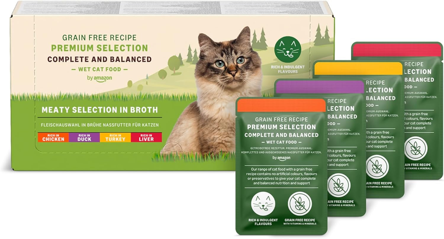 Amazon Grain Free Mokra karma dla kotów dorosłych dla dorosłych kotów Wybór mięsa w galaretce 4,76 kg 56 opakowań po 85 g (dawniej dożywotnia)