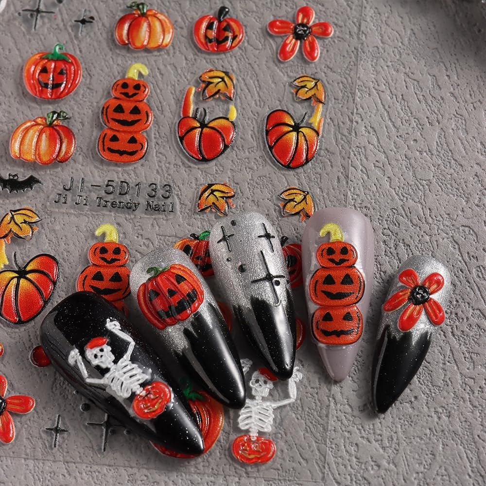 JMEOWIO 3D Nagelsticker Halloween Nail Art Naklejka Selbstklebend Nagelaufkleber 5D Stereoskopisch Süßer Geisterkürbis Dekoration Nageldesign Zubehör 4 Blatt