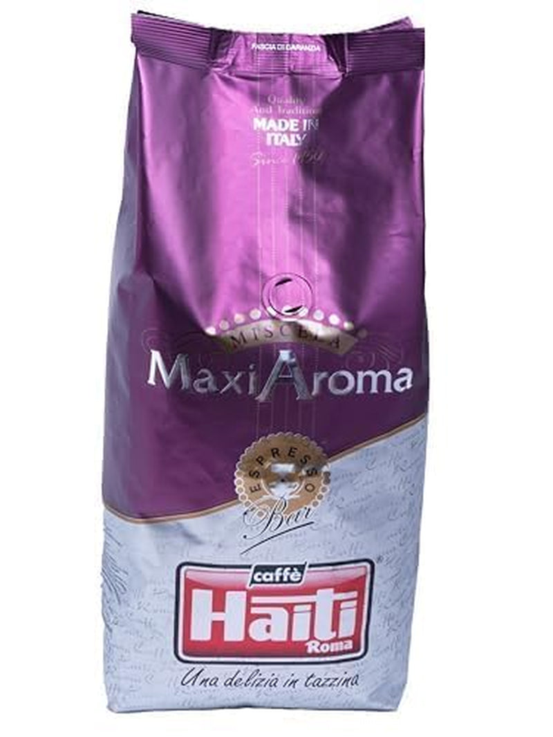 Kawa Caffè Haiti Roma Maxi Aroma w opakowaniu 1kg. Zrównoważona mieszanka, pieczeń rzemieślnicza, wyprodukowana we Włoszech.