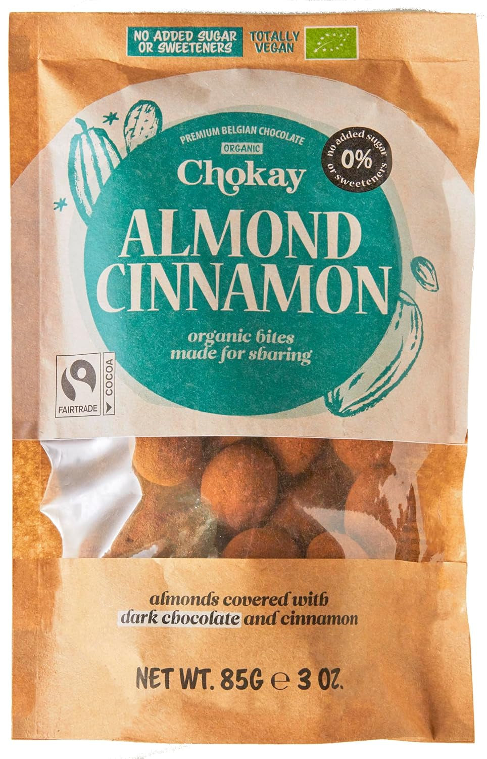 Organic Bites - Migdały Cynamonowe i Migdały Ciemnej Belgijskiej Czekolady / Bez Dodatku Cukru, Bez Słodzików / Wegańskie i Sprawiedliwego Handlu / 1 x 85g