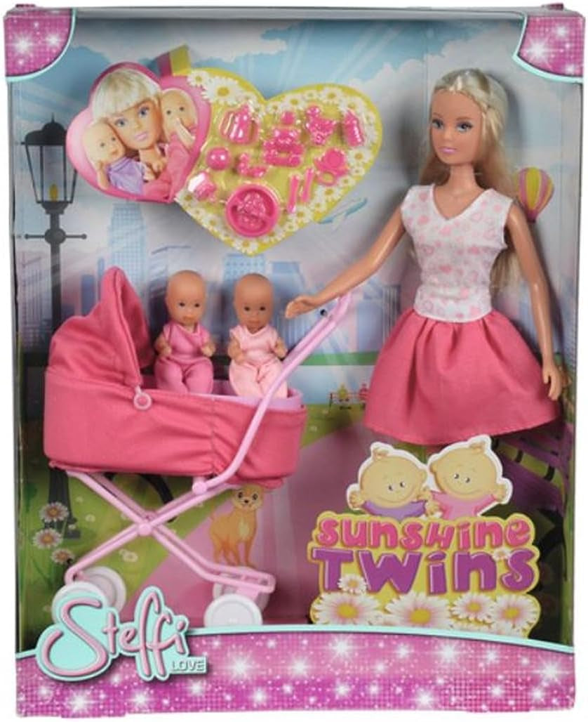 Simba Steffi Love Sunshine Twins – lalka z bliźniakami i wózkiem, w tym akcesoria takie jak butelki i zabawki, wariant pasujący do 2 lalek, zestaw lalek dla dzieci w wieku 3 lat i starszych