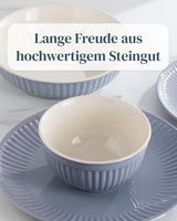 Zestaw ceramicznych naczyń stołowych na 6 osób, Hygge, 24 sztuki. ZWYCIĘZCA TESTU Marzycielska skandynawska kamionkowa zastawa stołowa Zestaw misek i talerzy Serwis obiadowy na 6 zestawów naczyń obiadowych Pure Living w kolorze szaro-niebieskim