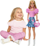 Modna lalka Barbie 71cm blond z odpinanymi ubraniami różowy top spódnica dżinsowa kowbojskie buty naszyjnik i torebka HYT84
