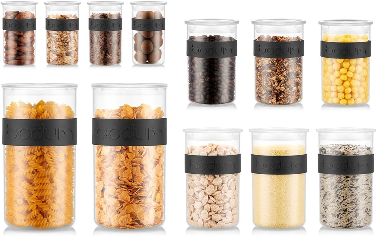 Słoiki do przechowywania BODUM PRESSO, tworzywo sztuczne, czarne, 4 x 0,25 l, 3 x 0,6 l, 3 x 1 l, 2 x 2 l Pudełka do przechowywania żywności Naty Shop Czarne 4 X 0,25 L, 3 X 0,6 L, 3 X 1,0 L, 2 X 2,0 L