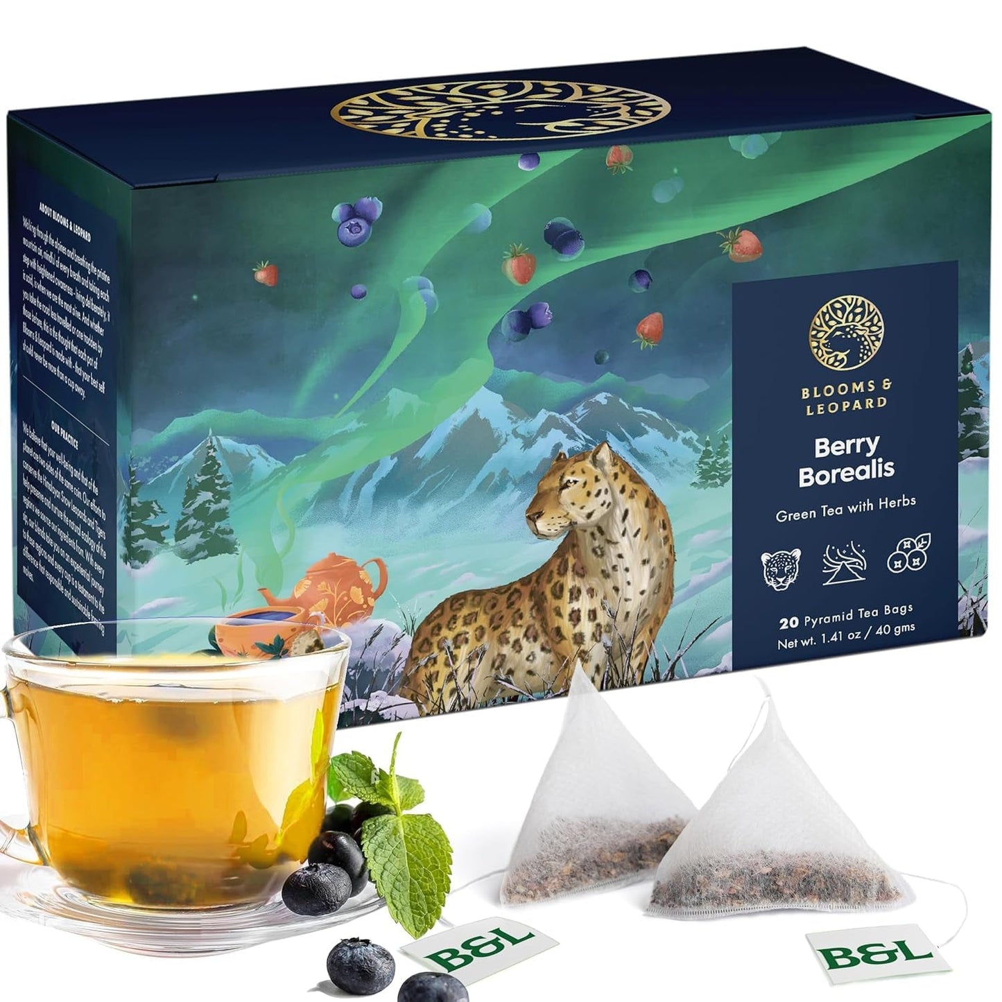 Torebki na zieloną herbatę Blooms & Leopard Premium - Mieszanka jagód Borealis z hibiskusem, jagodami, truskawkami i miętą - 20 torebek na herbatę w kształcie piramidy do herbaty na gorąco lub na zimno