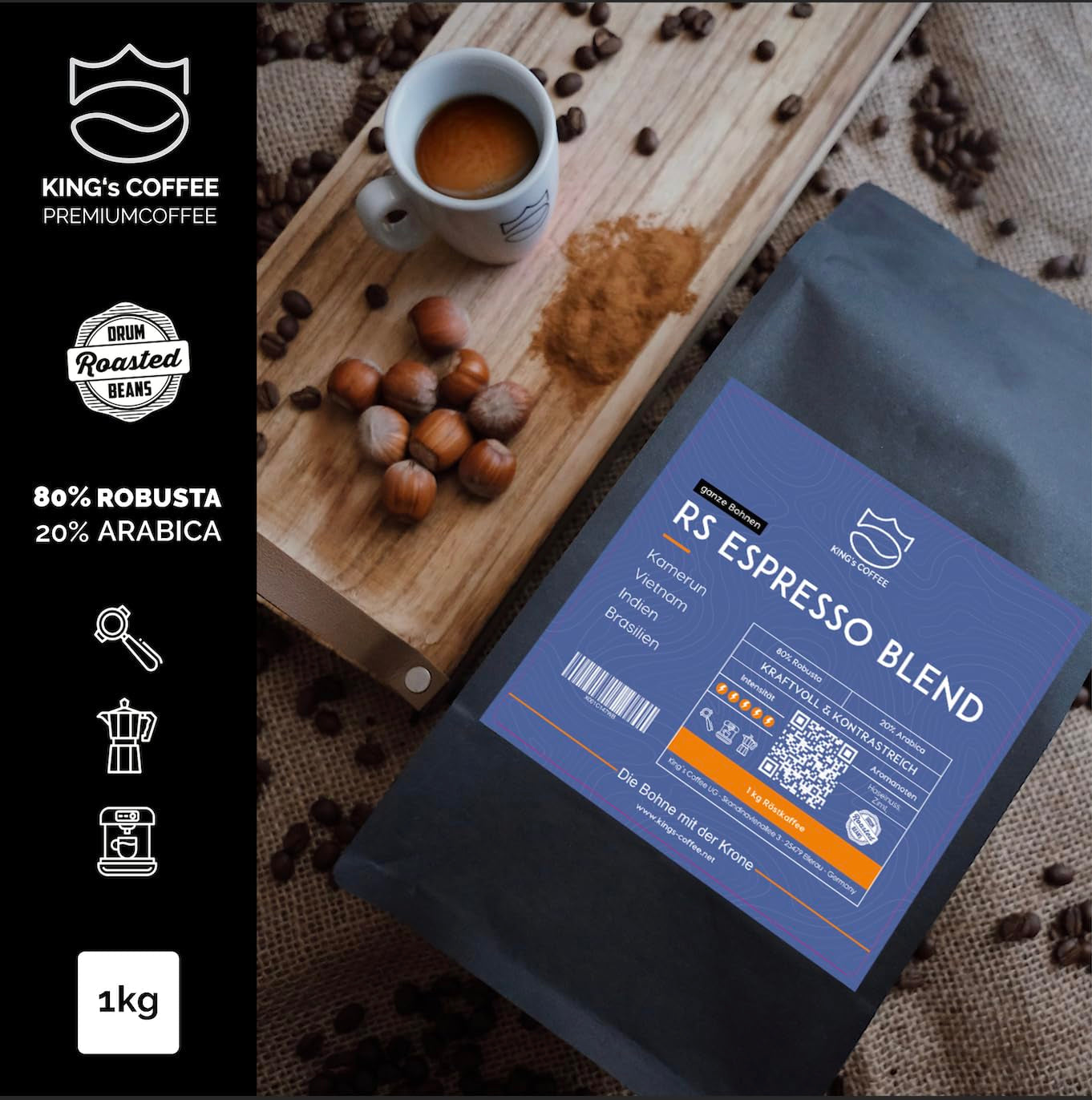 KING'S COFFEE - AMESTEC RS ESPRESSO - 1 kg mocnej i aromatycznej kawy ziarnistej - kawa o niskiej kwasowości - kawa pełnoziarnista - palenie małych partii z Włoch - ziarna espresso do ekspresów w pełni automatycznych i ekspresów kolbowych