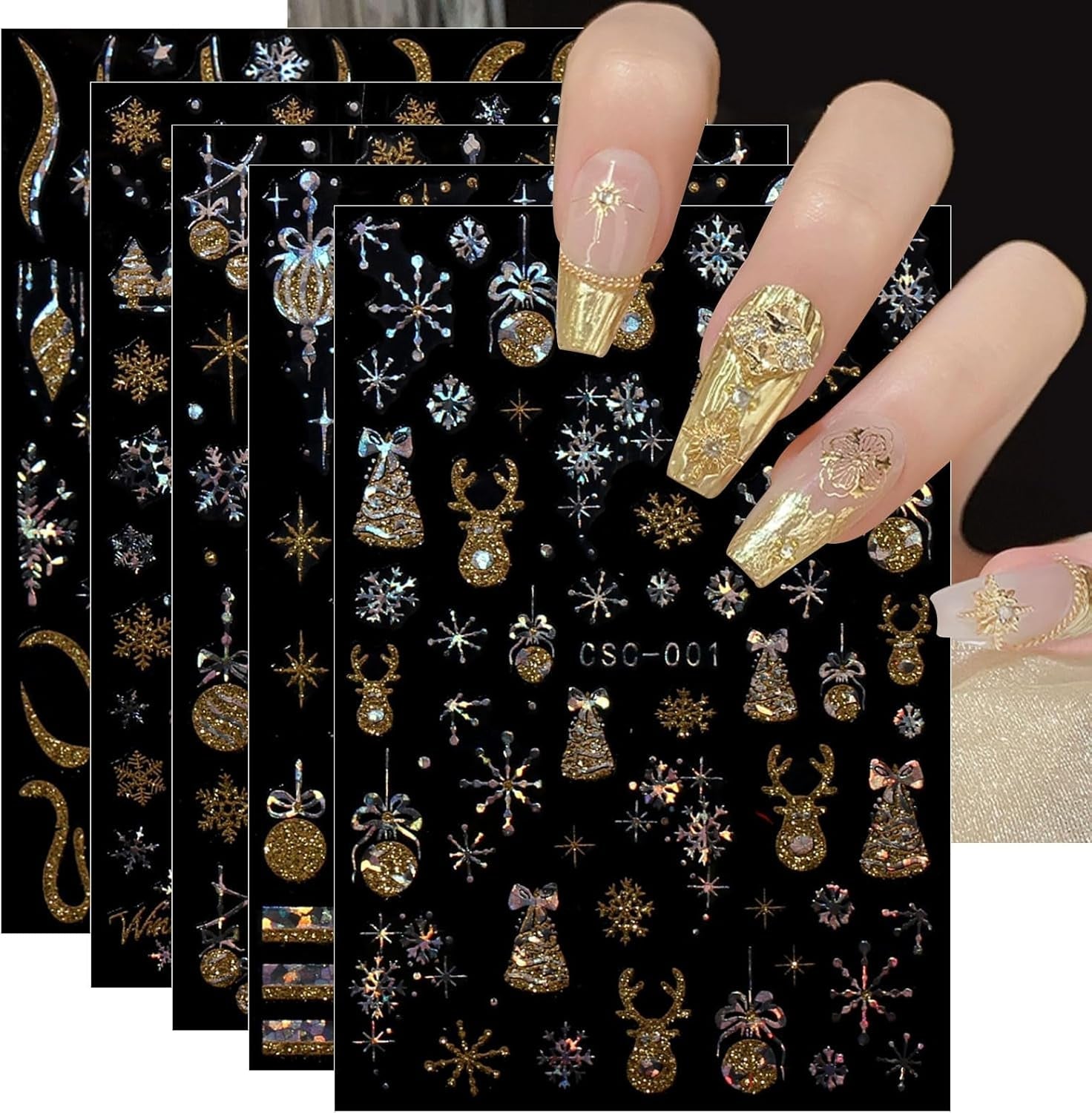 JMEOWIO Nagelsticker Weihnachten Gold Glitter Silber 8 Blatt Nail Art Naklejka Selbstklebend Nagelaufkleber Schneeflocke Winterurlaub Dekoration Nageldesign Zubehör