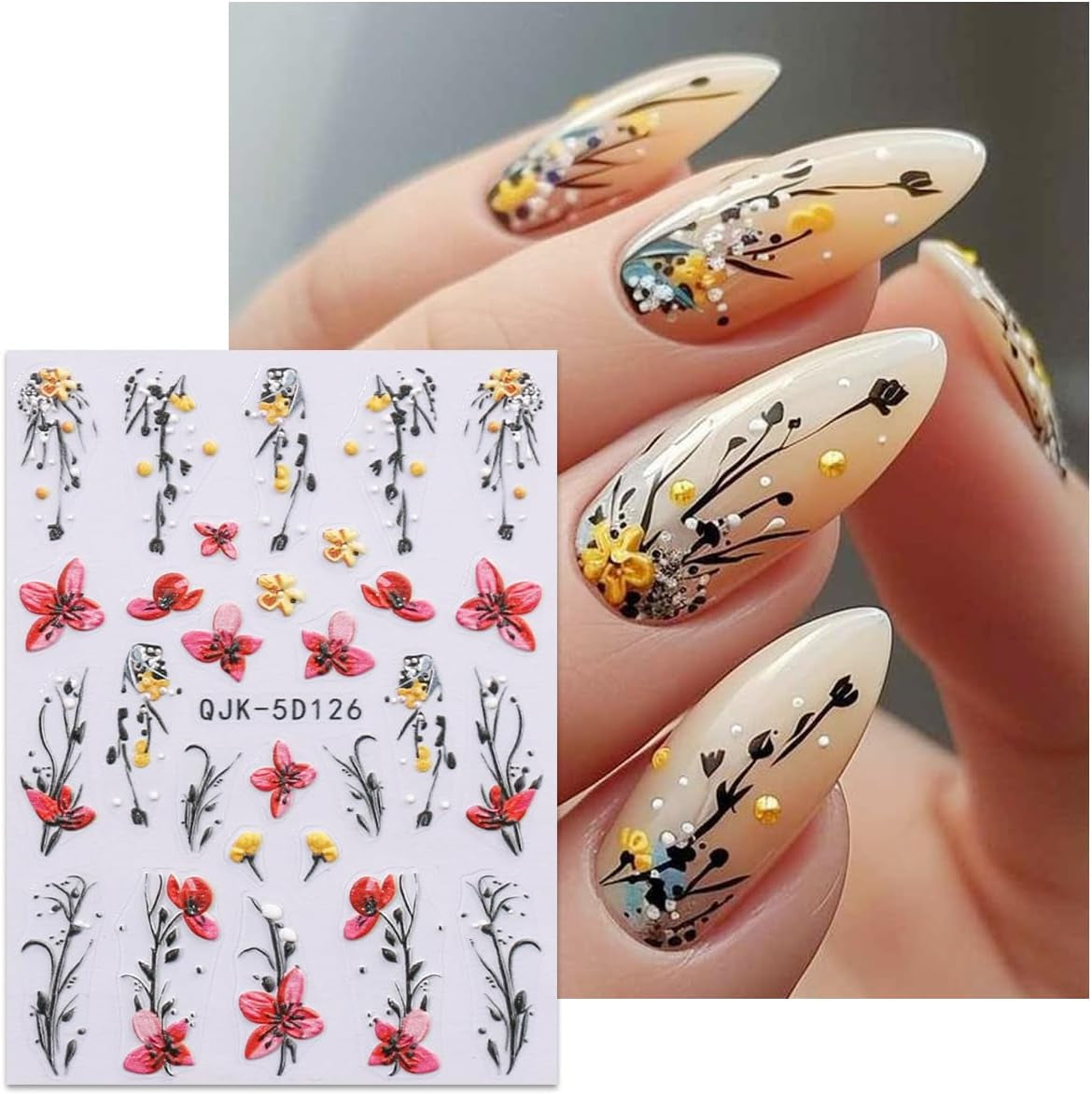 JMEOWIO 3D Nagelsticker Blumen Nail Art Naklejka Selbstklebend Nagelaufkleber 5D Stereoskopisch Frühling Sommer Dekoration Nageldesign Zubehör 4 Blatt