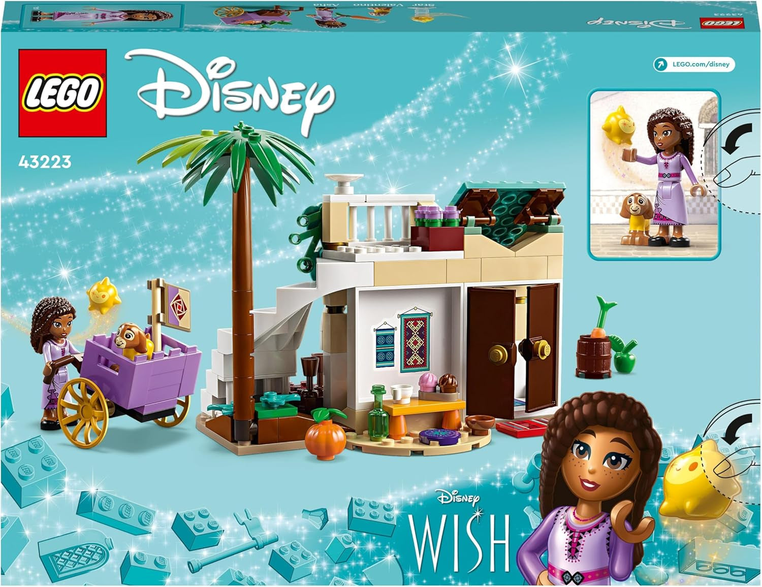 LEGO 43223 Disney Życzenie Ashy w Rosas City, zestaw filmów życzeń z targiem, mini lalka Asha, Valentino jako zabawka-koza i figurki gwiazd, prezent dla dzieci w wieku 6 lat, zestawy do budowania dla dziewcząt i chłopców w sklepie LEGO